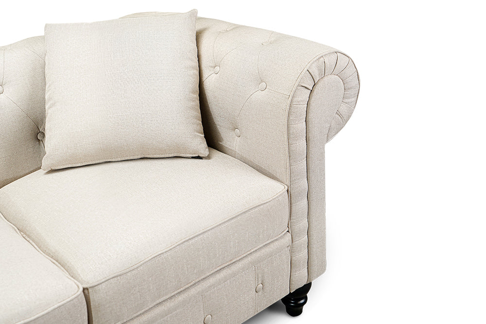 Right-Side, Armrest and Seat with A Cushion Close-Up View A Classic, Beige, Three Seats, Cerna Chesterfield Fabric Sofa.