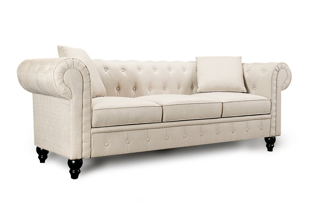 Left Angled Front View of A Classic, Beige, Three Seats, Cerna Chesterfield Fabric Sofa.