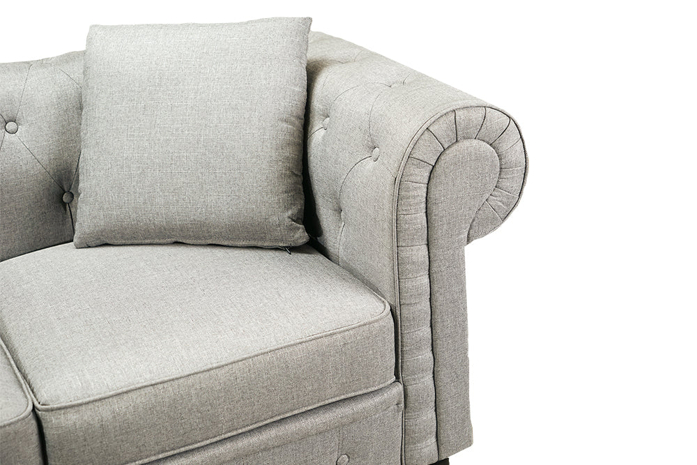 Right-Side, Armrest and Seat with A Cushion Close-Up View A Classic, Light Grey, Three Seats, Cerna Chesterfield Fabric Sofa.