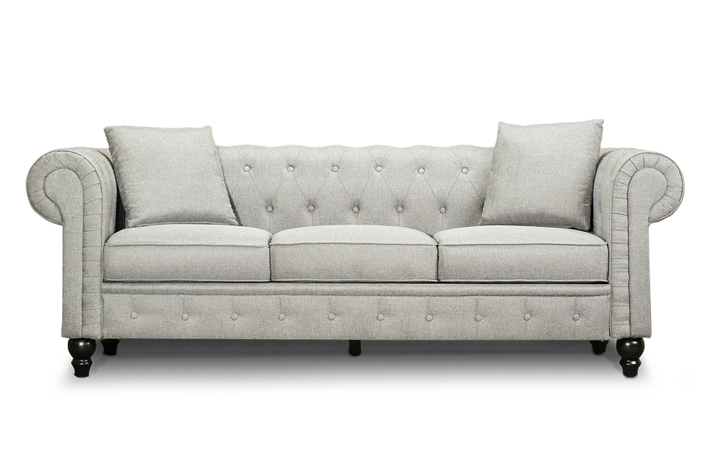 Straight Front View of A Classic, Light Grey, Three Seats, Cerna Chesterfield Fabric Sofa.