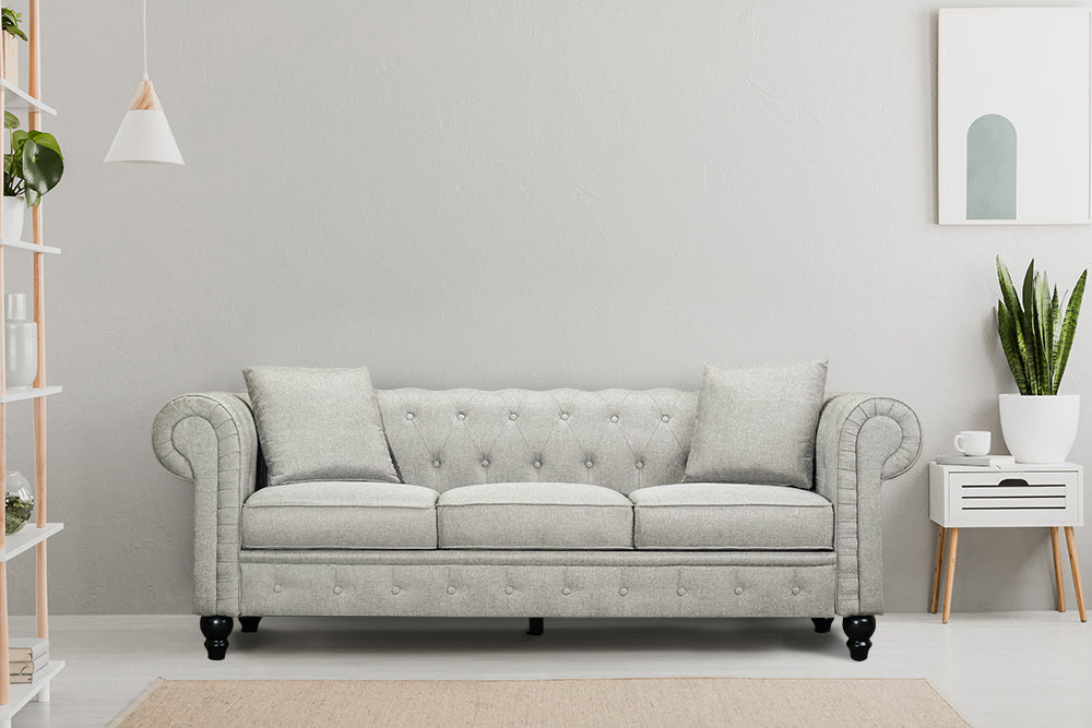 Valencia Cerna Fabric Chesterfield Three Seats Sofa, Grey Color