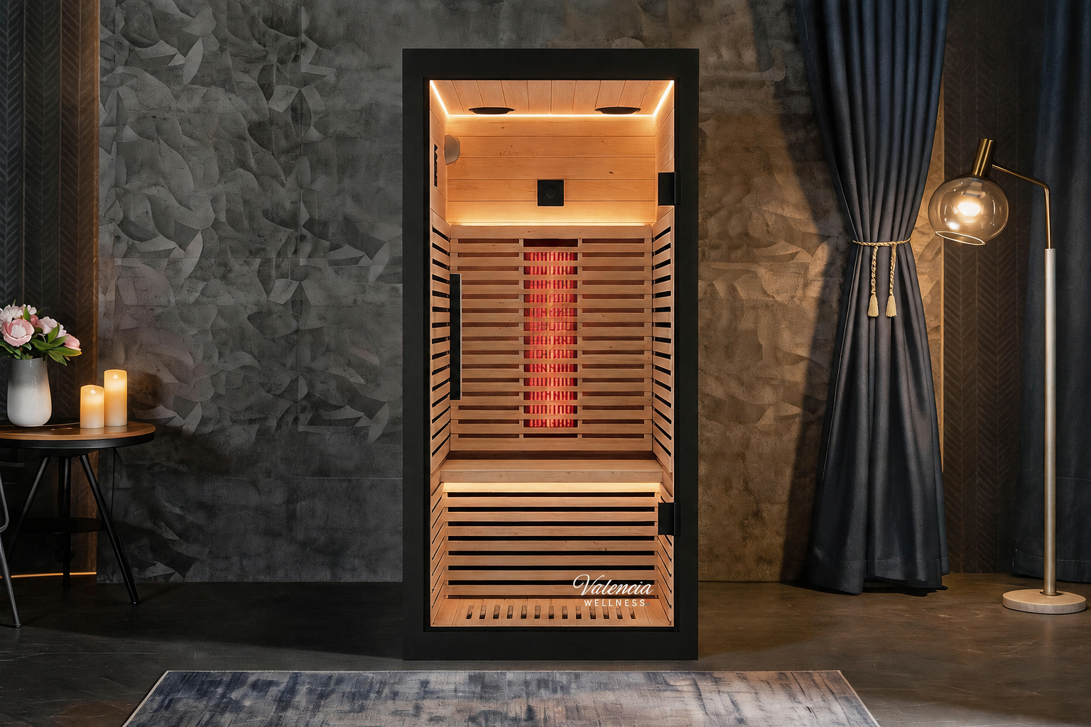 Valencia Aura 1-person hemlock infrared sauna in a luxury home setting