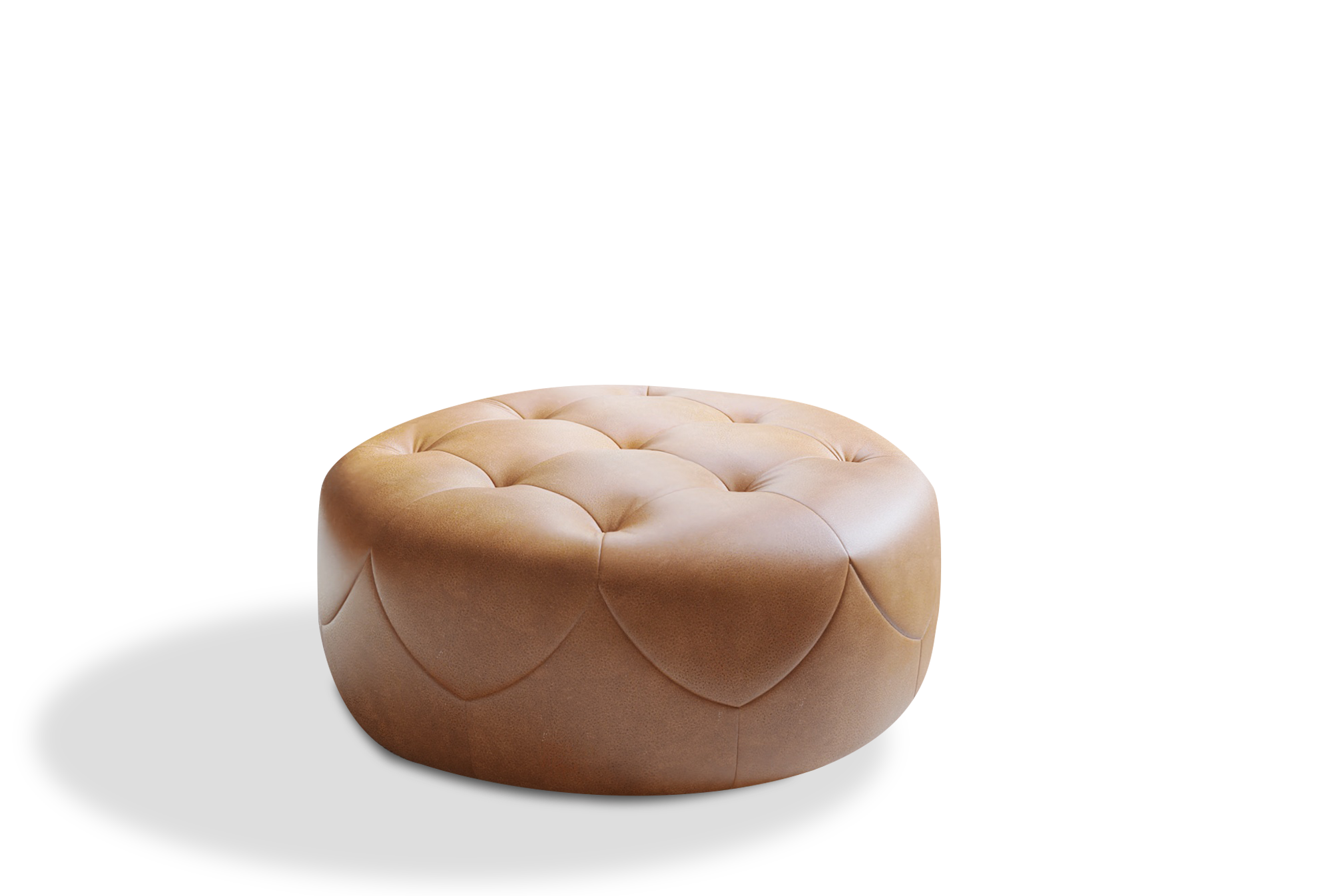 A Close-Up View of A Luxurious, Royal Cognac, Kiln Dried Wood Frame, Artisan Round Full Leather Ottoman.