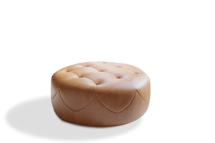 A Close-Up View of A Luxurious, Royal Cognac, Kiln Dried Wood Frame, Artisan Round Full Leather Ottoman.