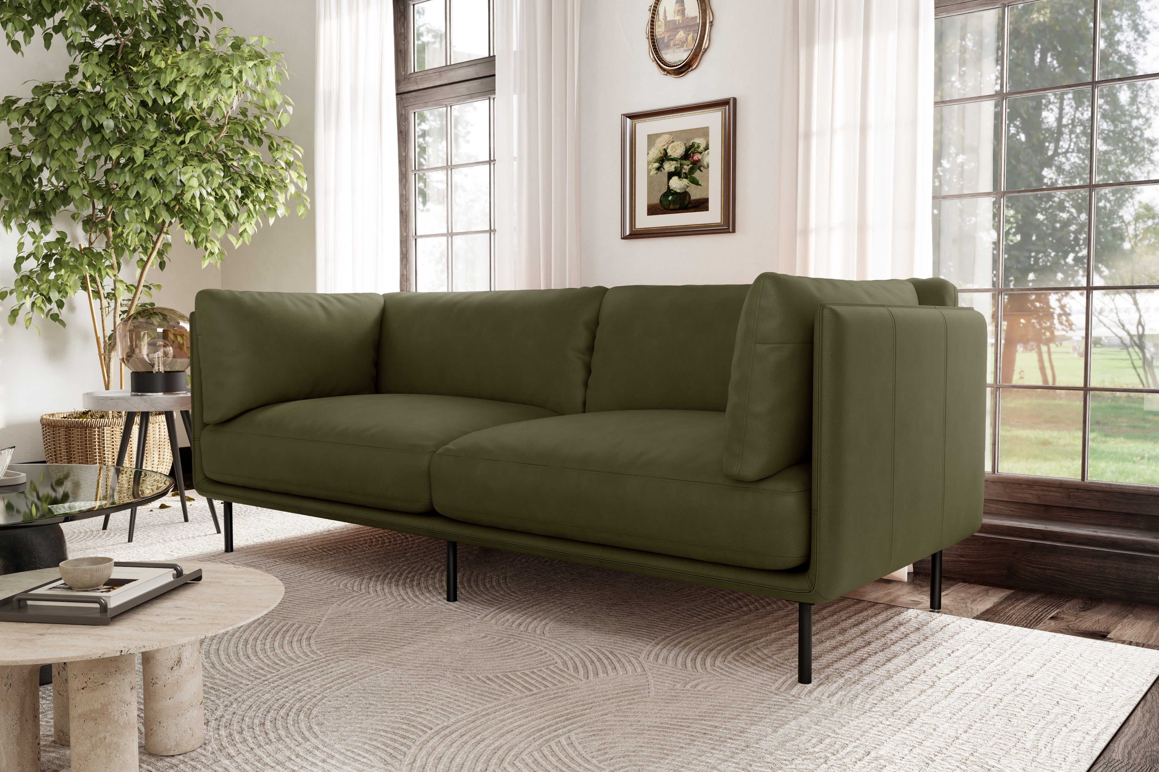 Valencia Chloe Leather Loveseat Sofa, Olive Green