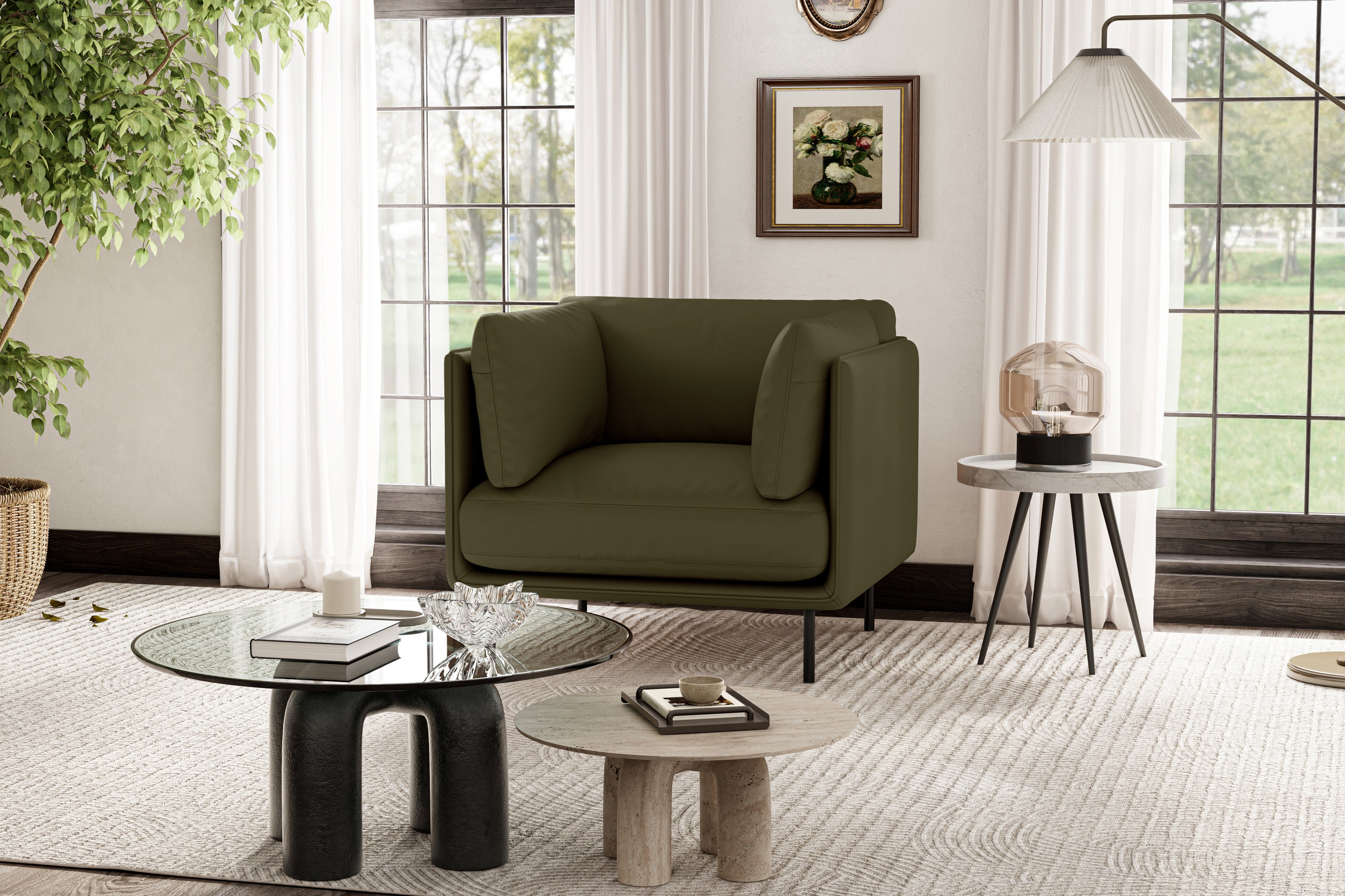 Valencia Chloe Leather Accent Chair, Olive Green