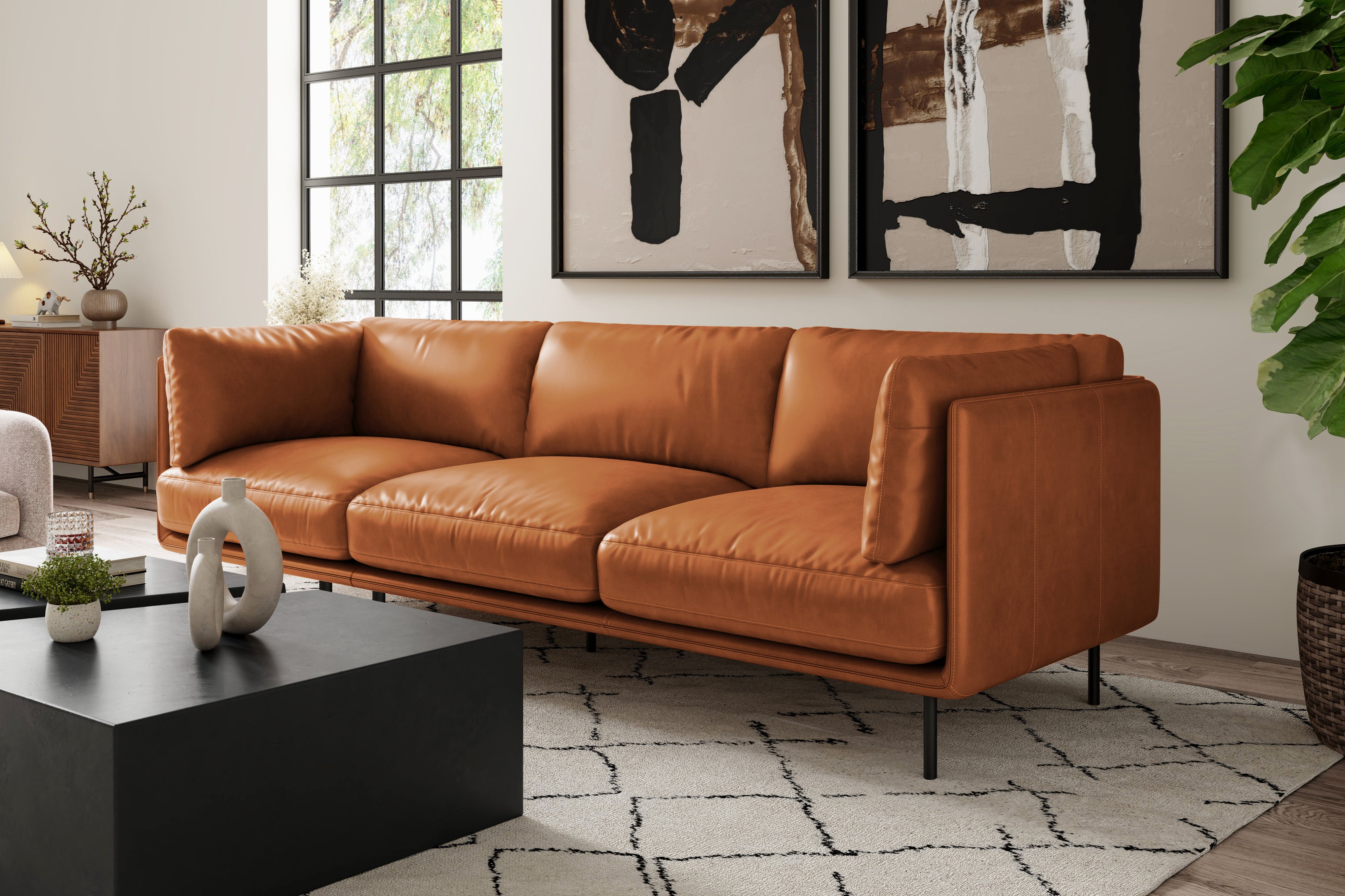 Valencia Chloe Leather Three Seats Sofa, Cognac