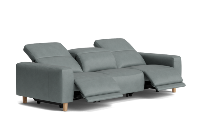 Valencia Ciara Semi-Aniline Leather Three Seats Power Recliner Wide Sofa, Modern Grey