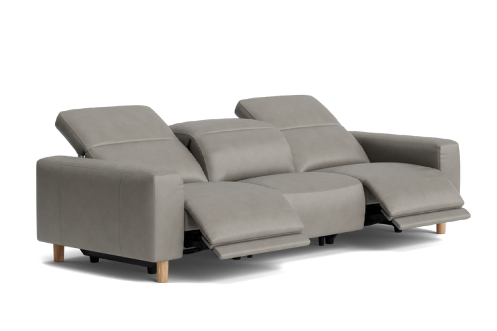 Valencia Ciara Semi-Aniline Leather Three Seats Power Recliner Wide Sofa, Light Grey