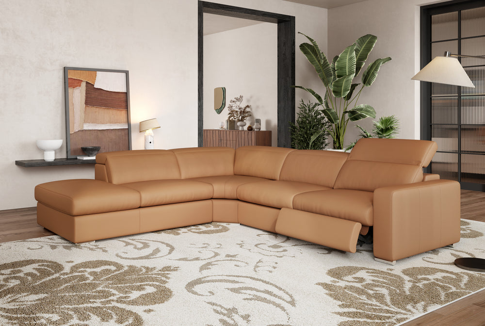 Valencia Clara Leather Reclining Sectional Sofa, Left Hand Chaise, Cognac