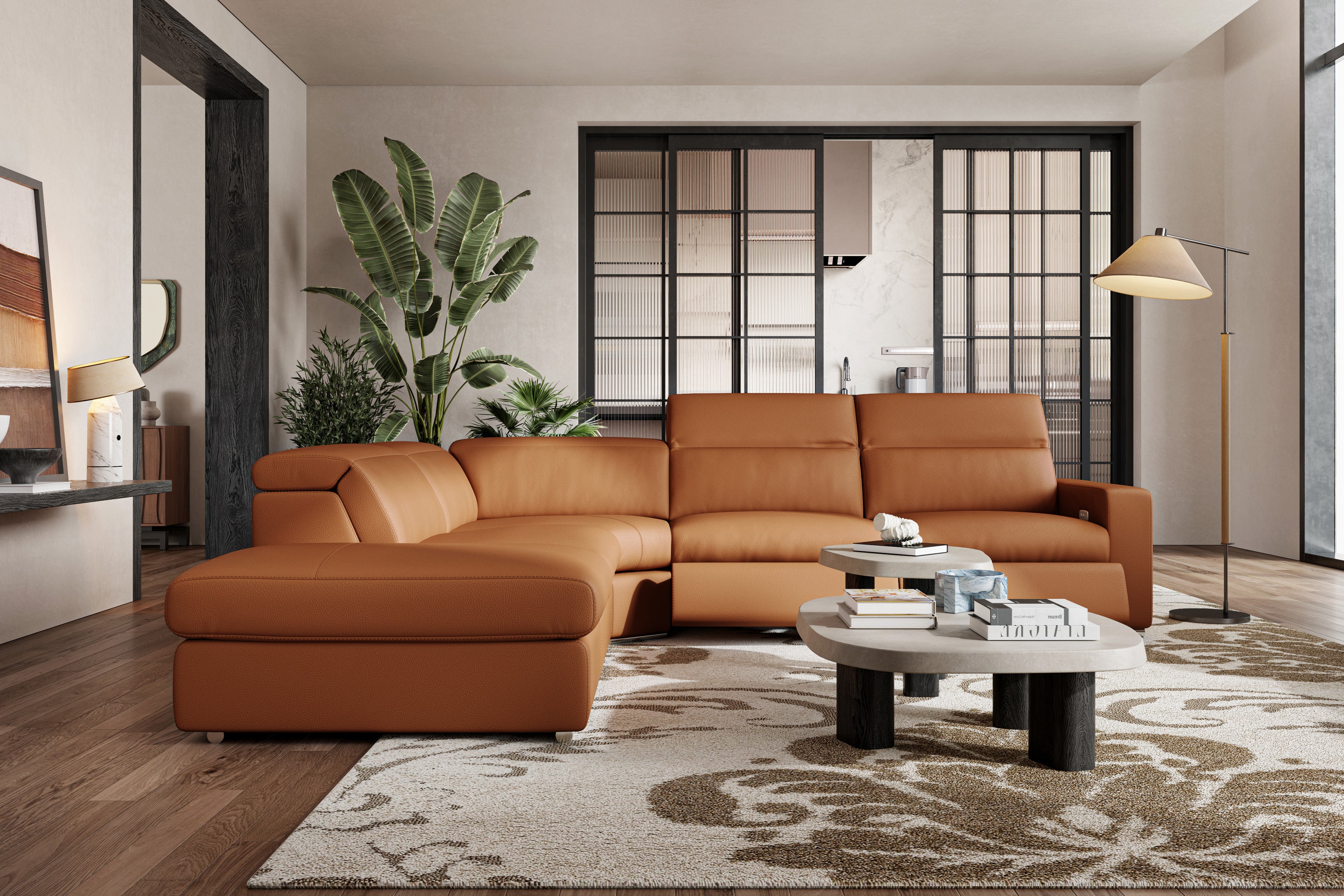 Valencia Clara Leather Reclining Sectional Sofa, Left Hand Chaise, Cognac