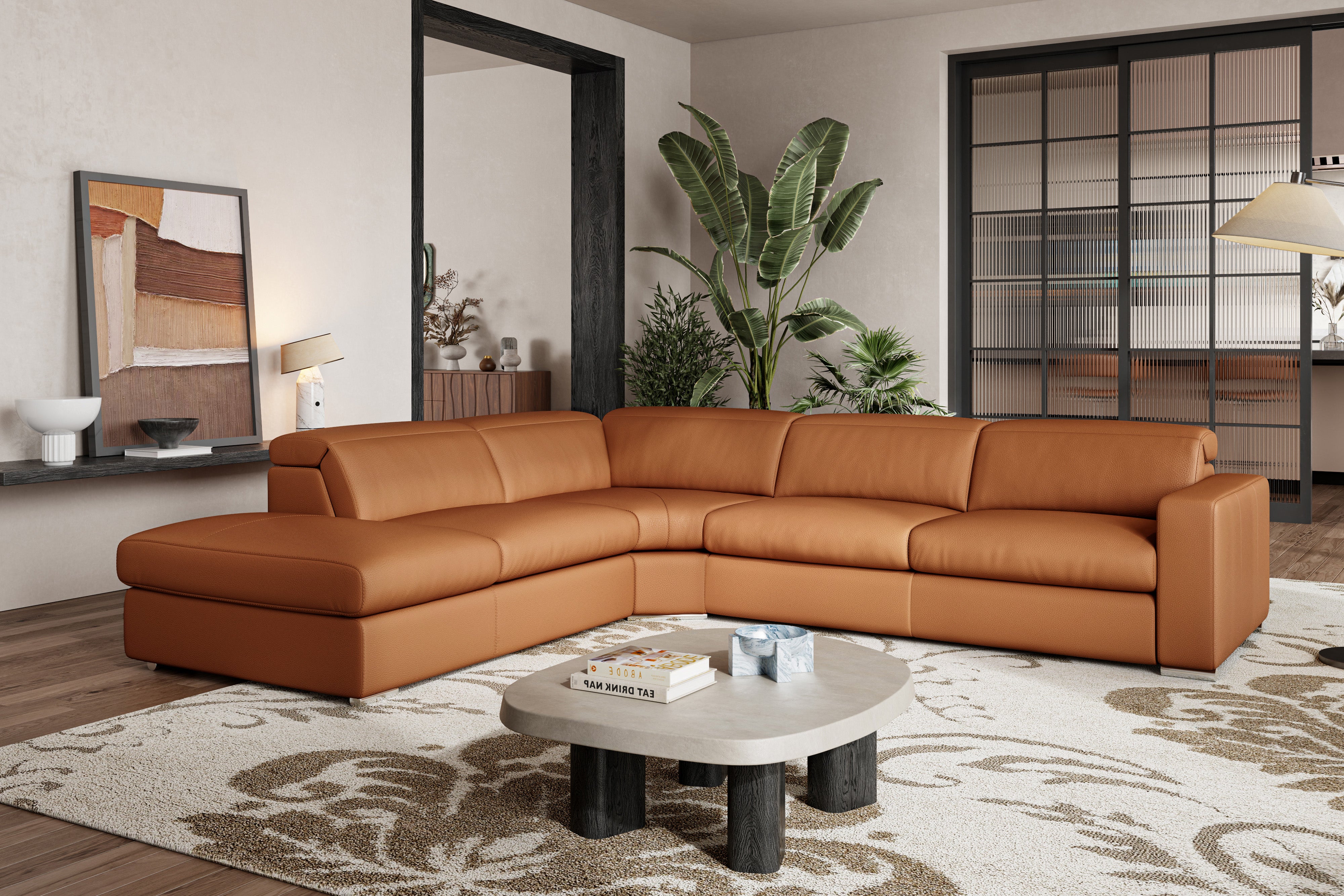 Valencia Clara Leather Reclining Sectional Sofa, Left Hand Chaise, Cognac