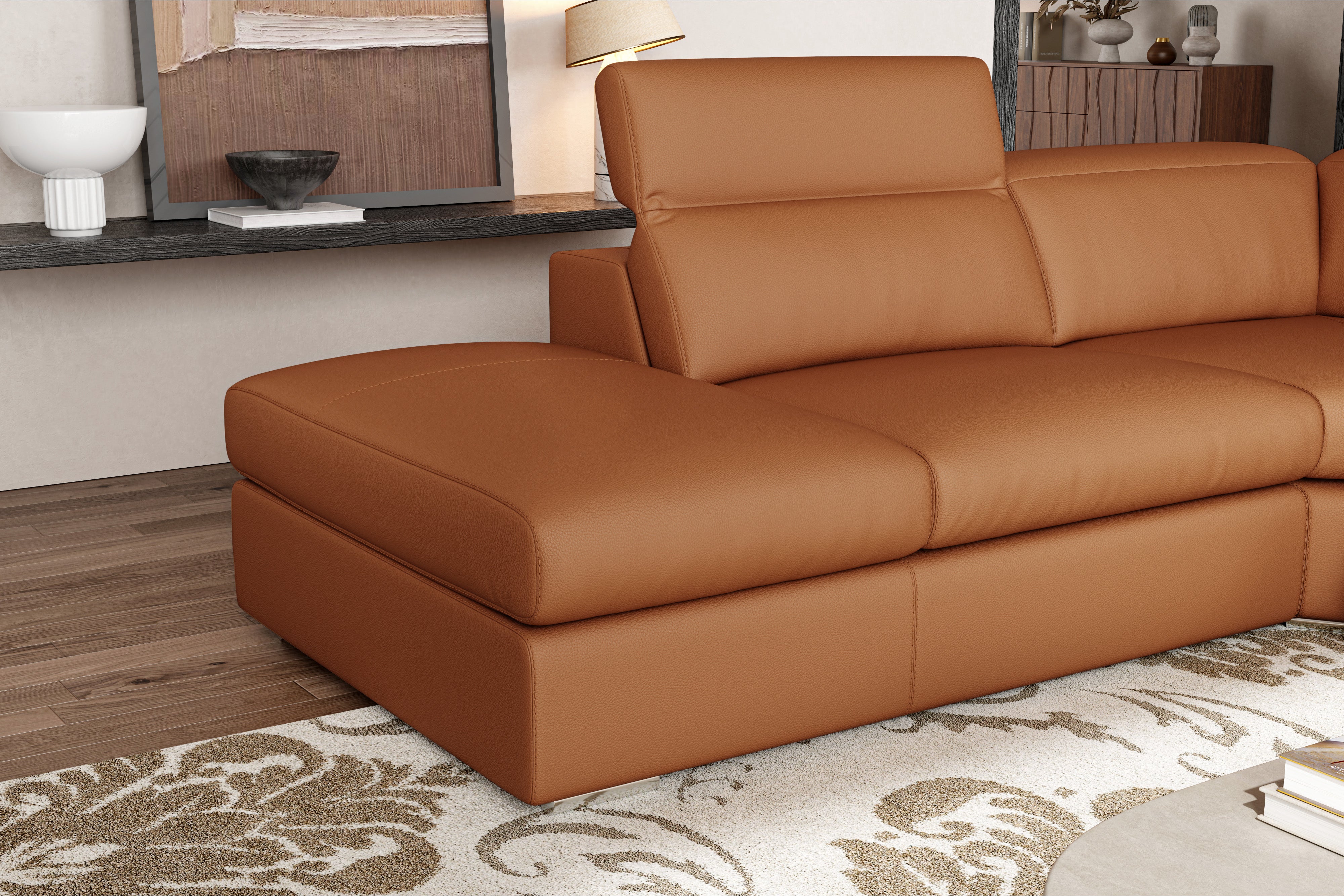 Valencia Clara Leather Reclining Sectional Sofa, Left Hand Chaise, Cognac