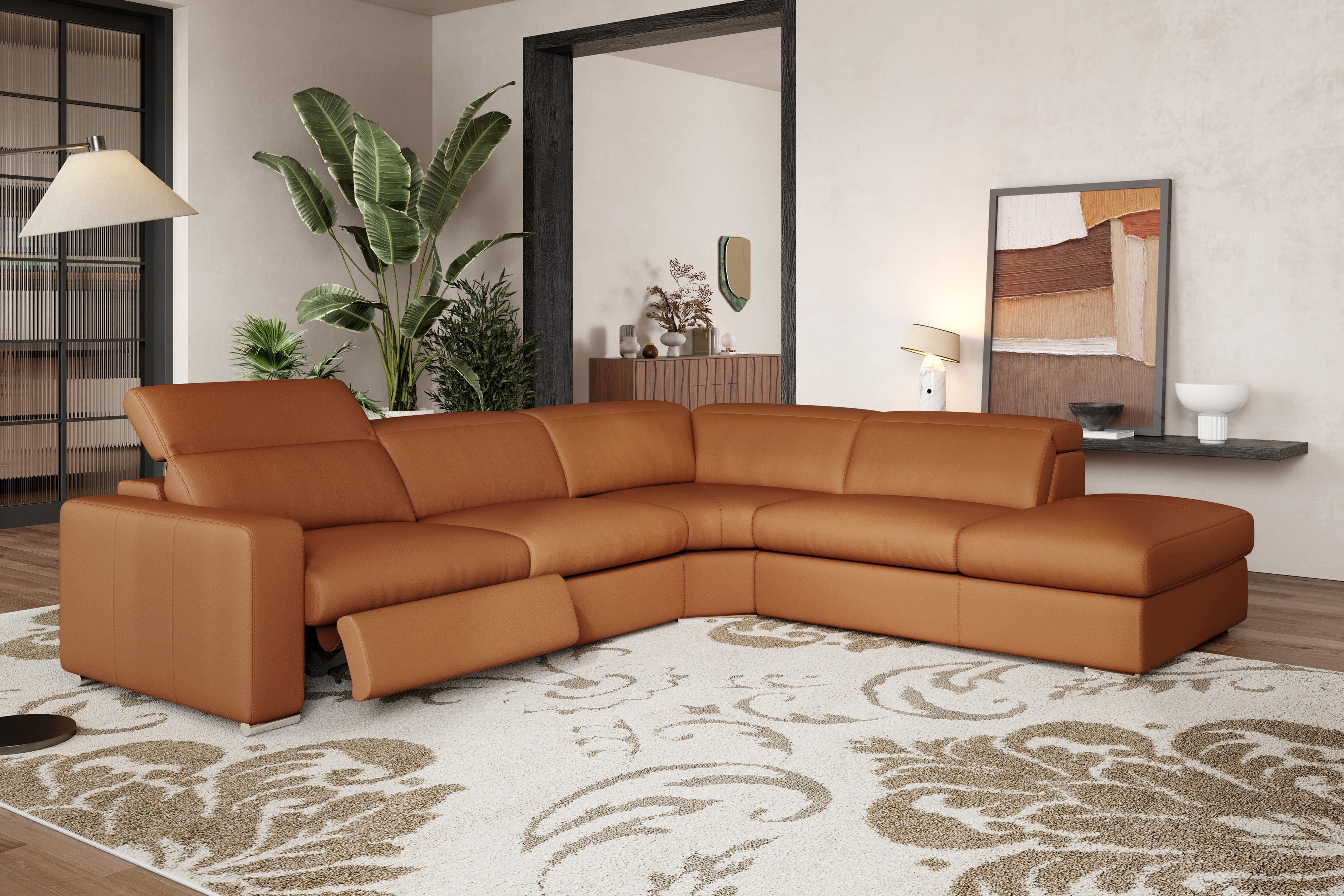 Valencia Clara Leather Reclining Sectional Sofa, Right Hand Chaise, Cognac