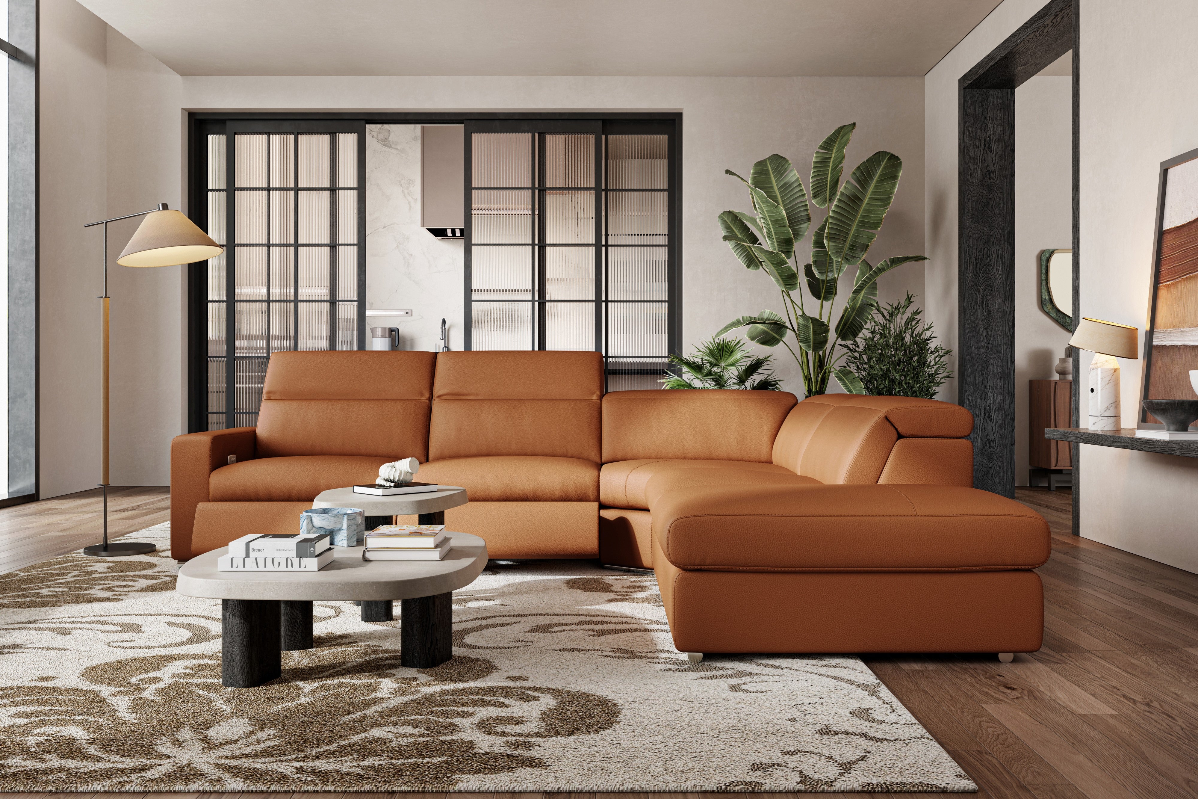 Valencia Clara Leather Reclining Sectional Sofa, Right Hand Chaise, Cognac