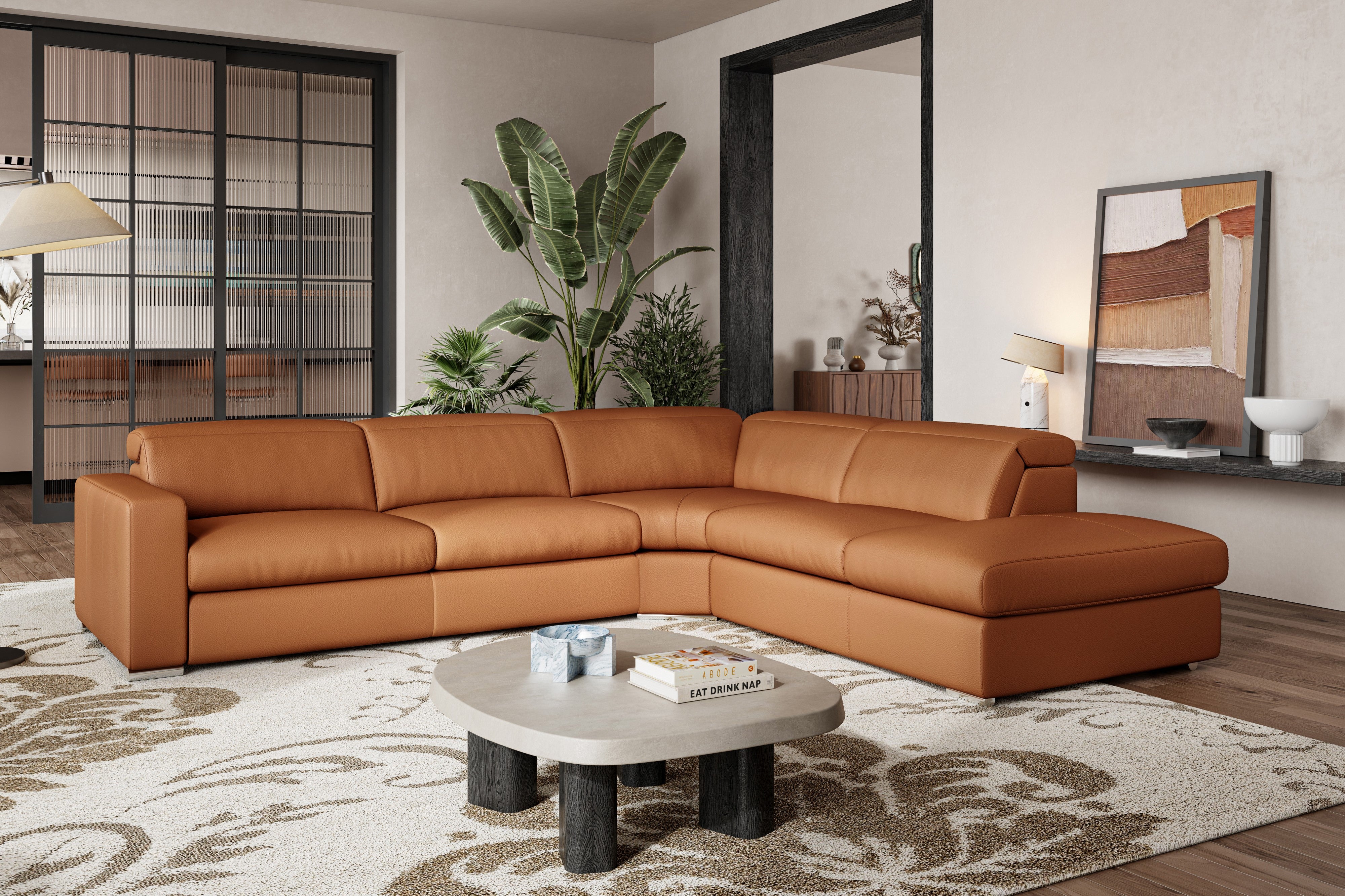 Valencia Clara Leather Reclining Sectional Sofa, Right Hand Chaise, Cognac