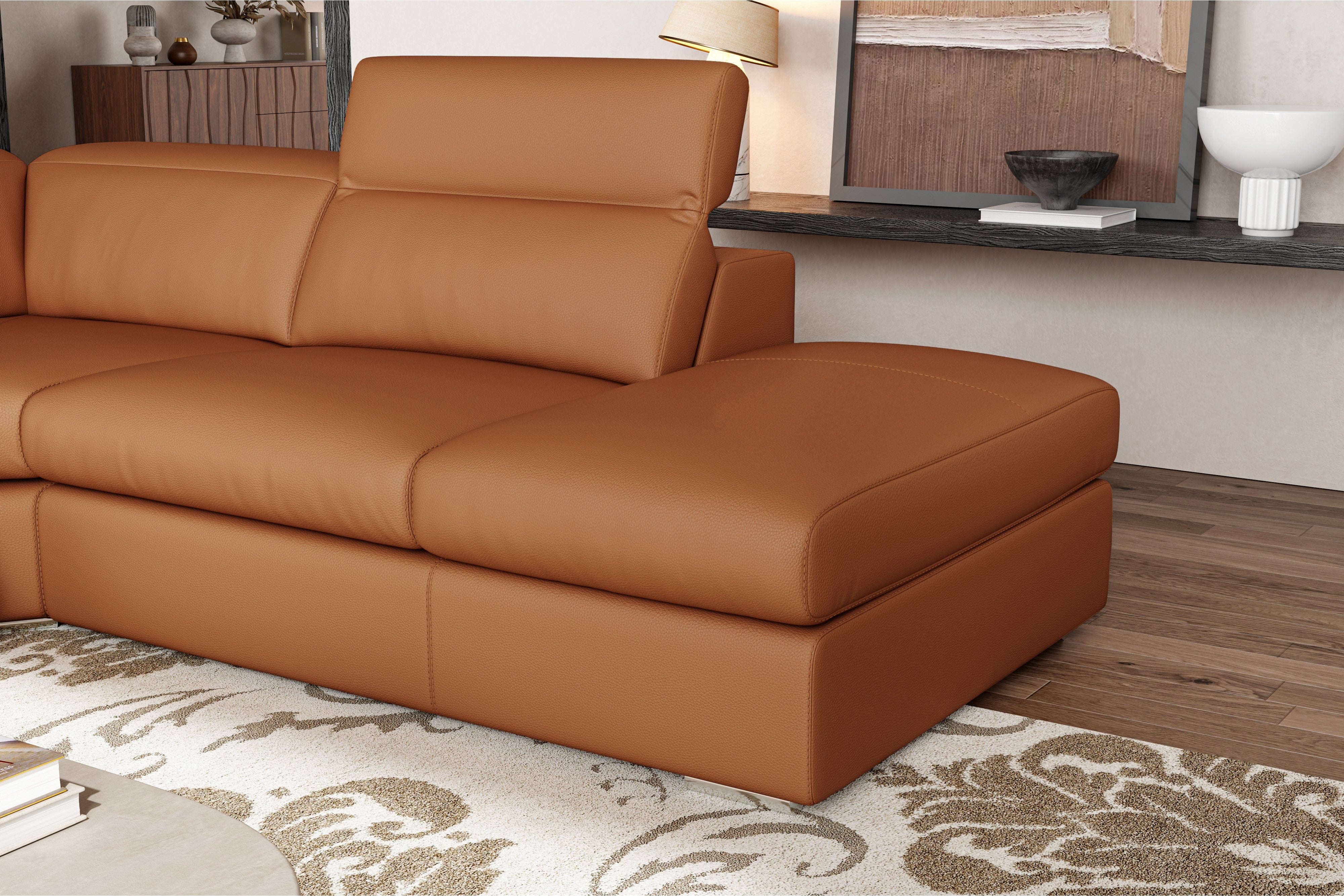 Valencia Clara Leather Reclining Sectional Sofa, Right Hand Chaise, Cognac