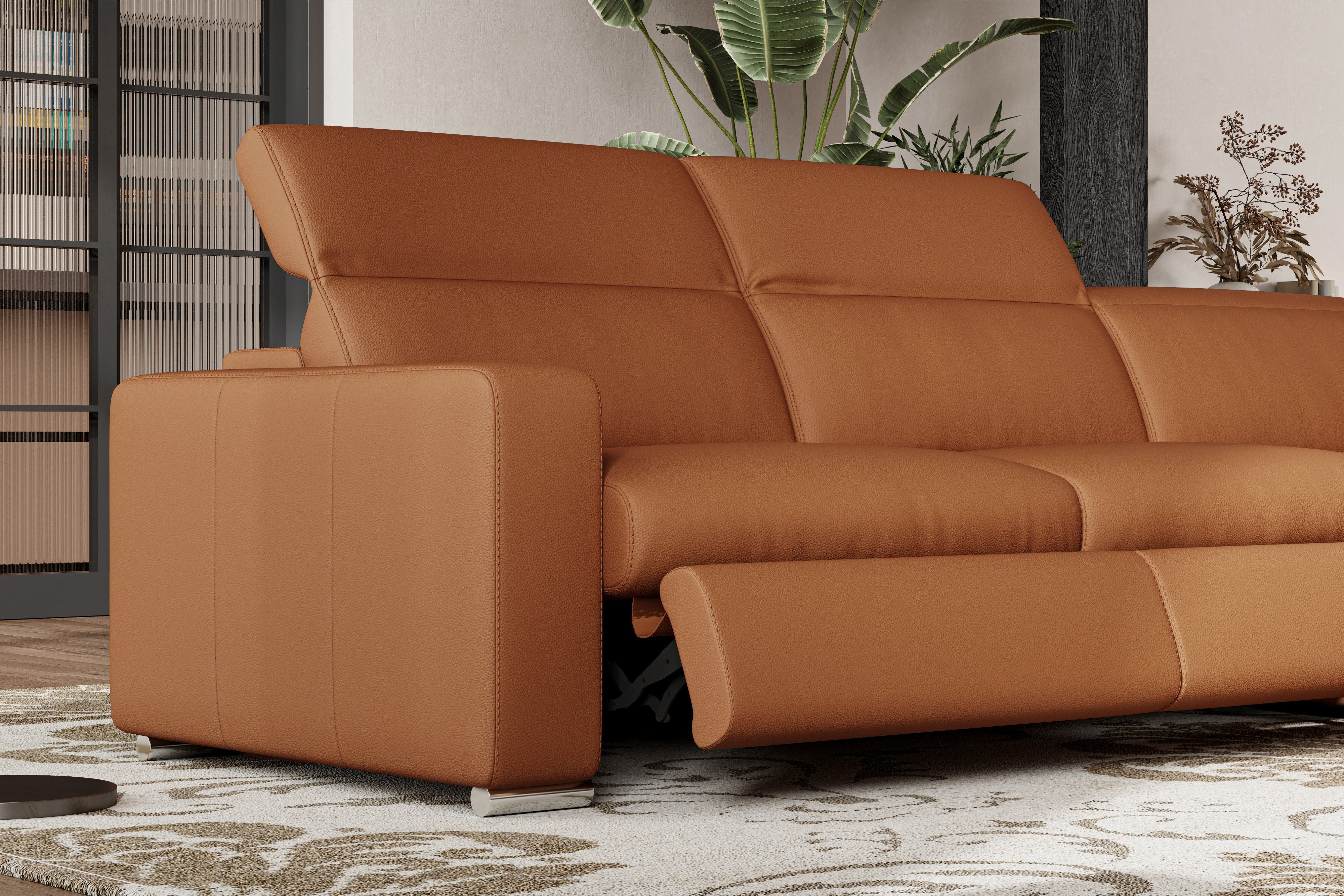 Valencia Clara Leather Reclining Sectional Sofa, Right Hand Chaise, Cognac