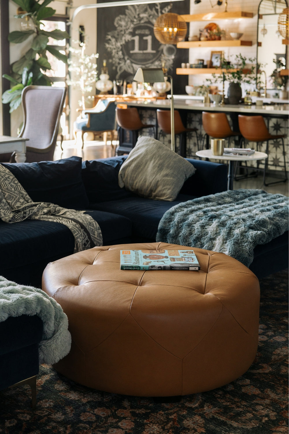 Brandy Round Full Leather Ottoman