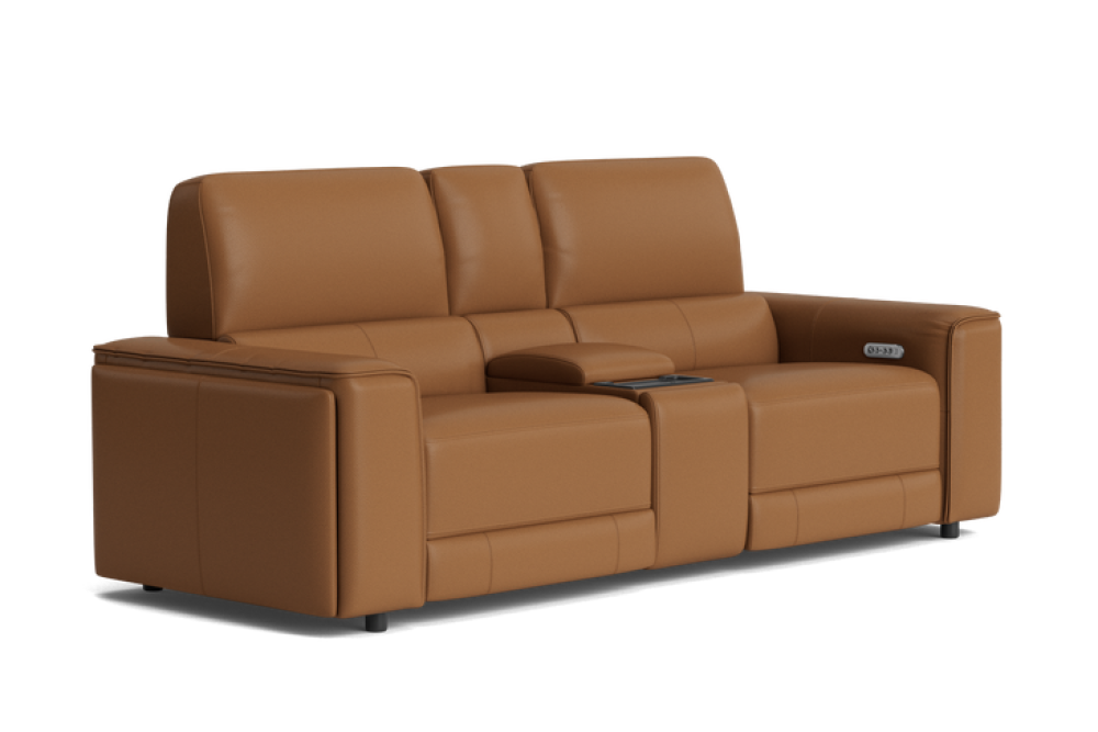 Valencia Cynthia Top Grain Leather Loveseat with Console Dual Recliner Sofa, Brown