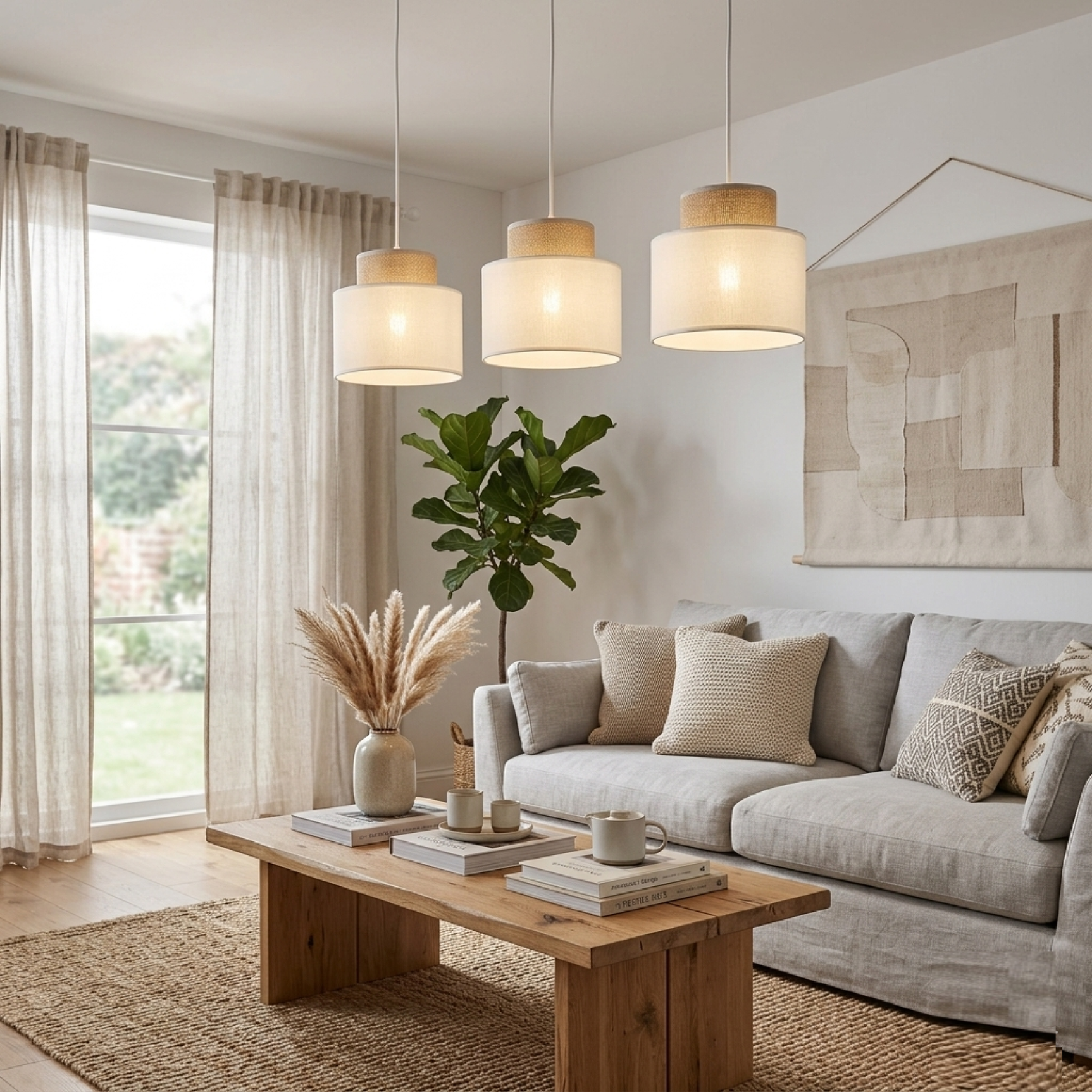DUO White Jute Natural Suspension Pendant Ceiling Light Fixture for Kitchen Island, Dining Room & Living Room (3-Light)