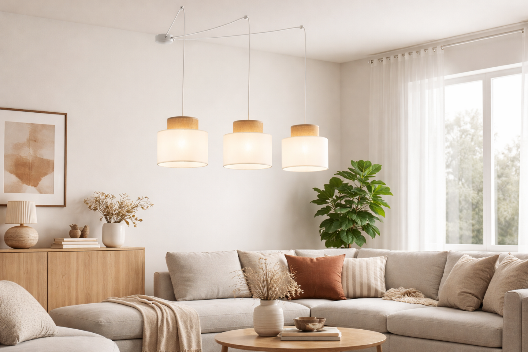 DUO White Jute Natural Suspension Pendant Ceiling Light Fixture for Kitchen Island, Dining Room & Living Room (3-Light)