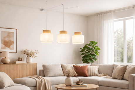 DUO White Jute Natural Suspension Pendant Ceiling Light Fixture for Kitchen Island, Dining Room & Living Room (3-Light)