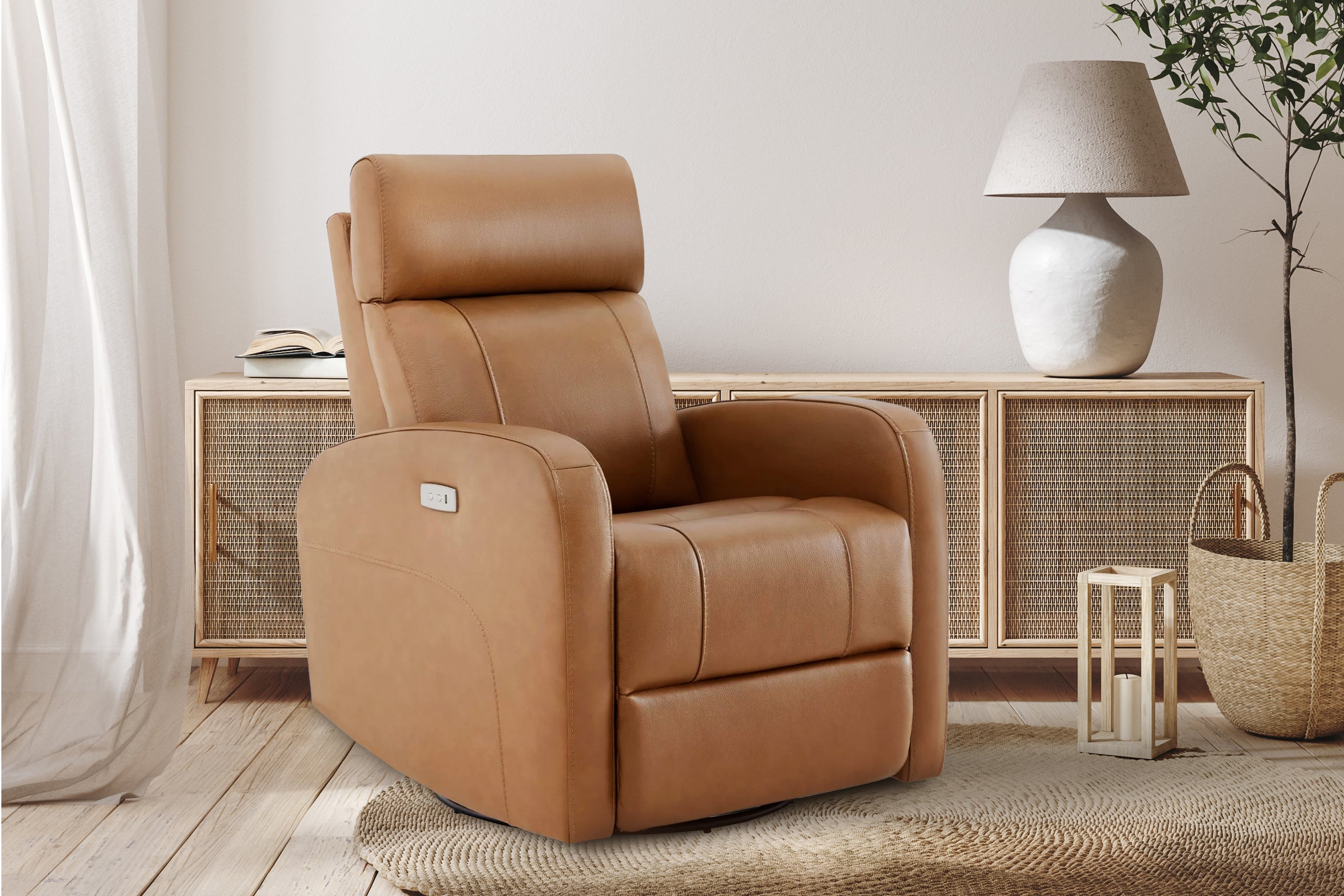 Valencia Dayna Top Grain Leather Power Swivel Glider Recline Chair, Brown