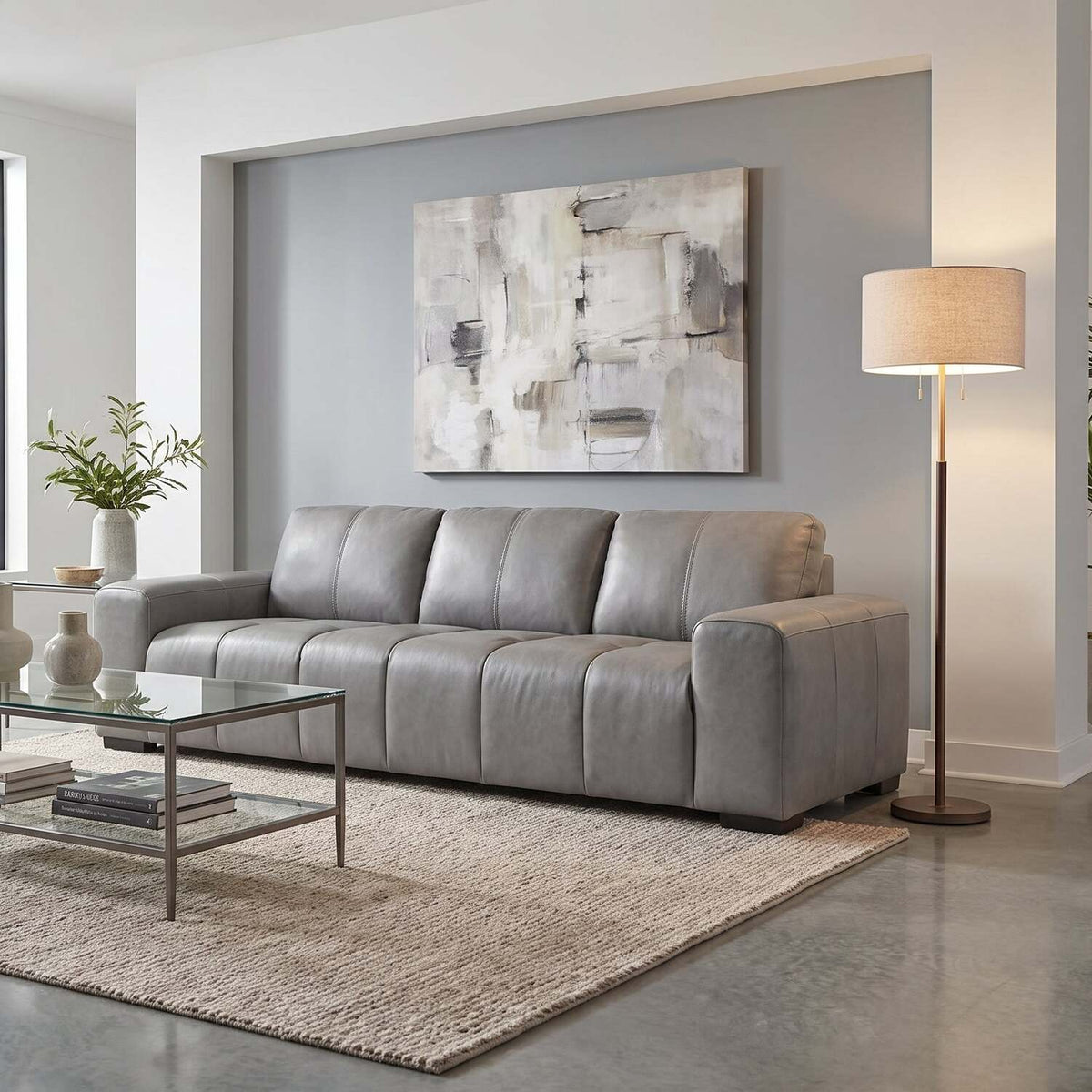 Elara grey leather sofa in a bright modern living room, mobile feature image
