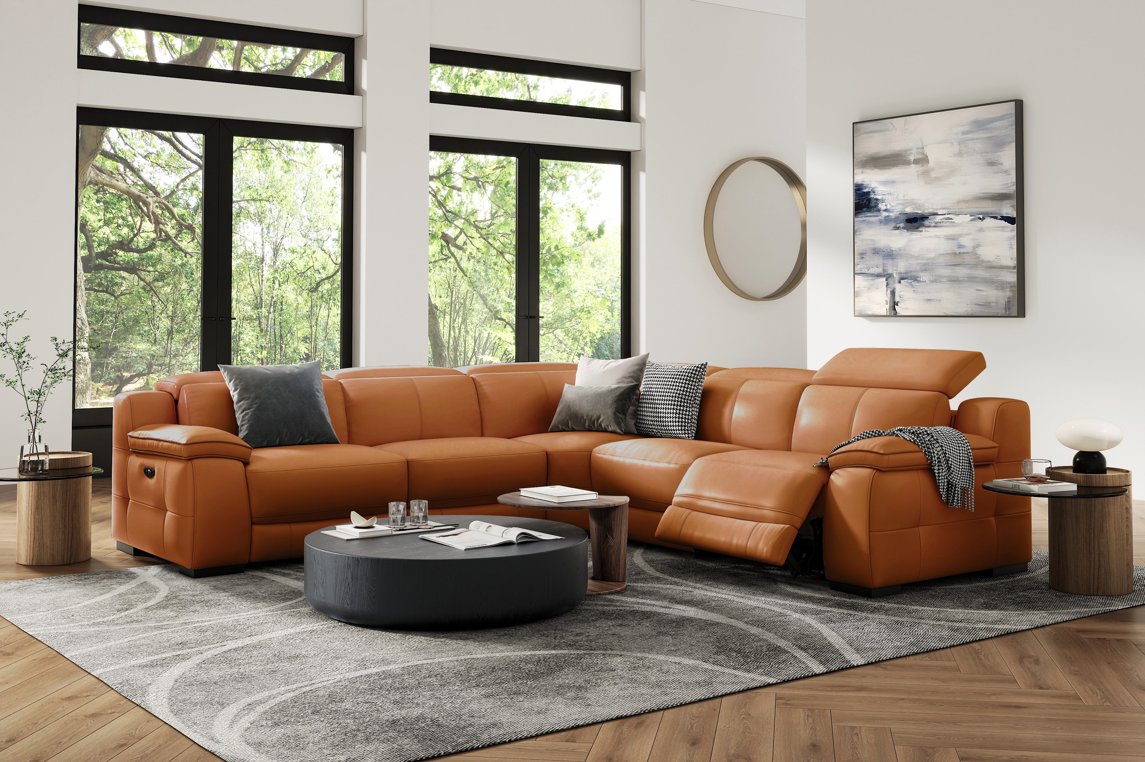 Valencia Ellie Top Grain Leather L-Shape Sofa, Cognac