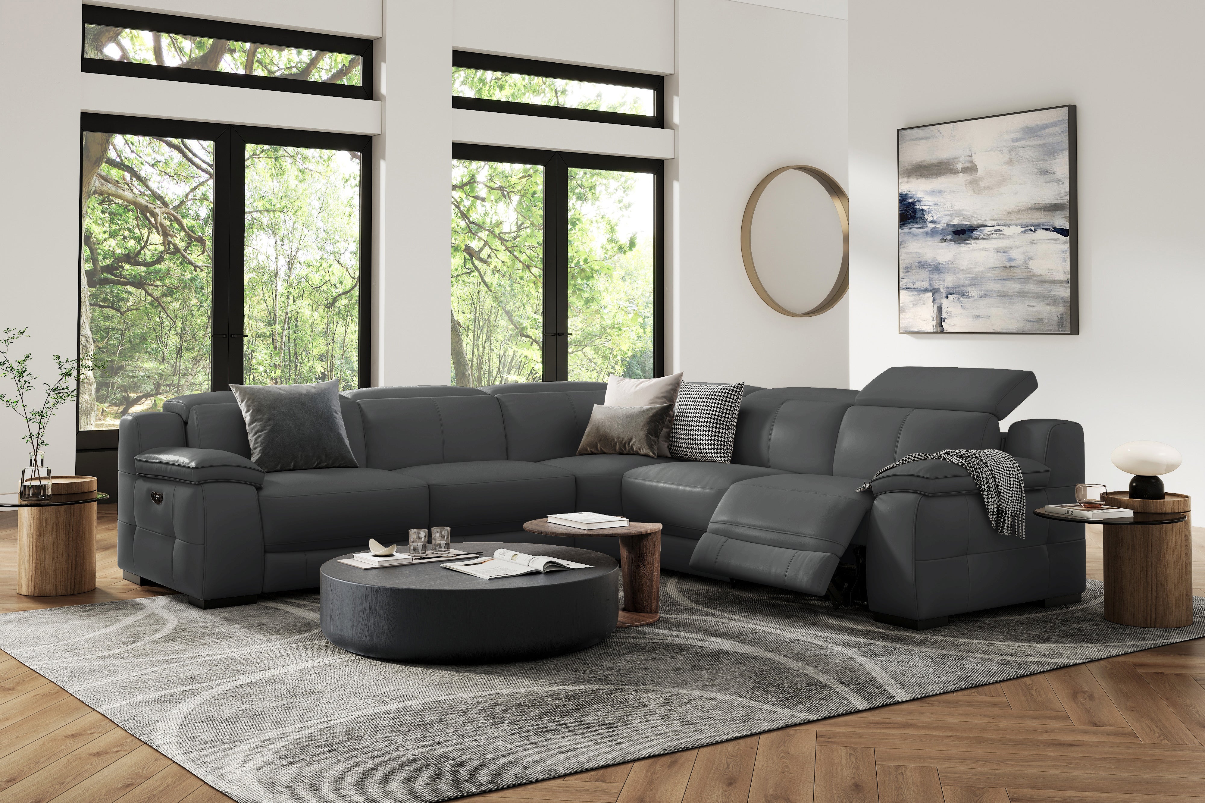 Valencia Ellie Top Grain Leather L-Shape Sofa, Charcoal Grey