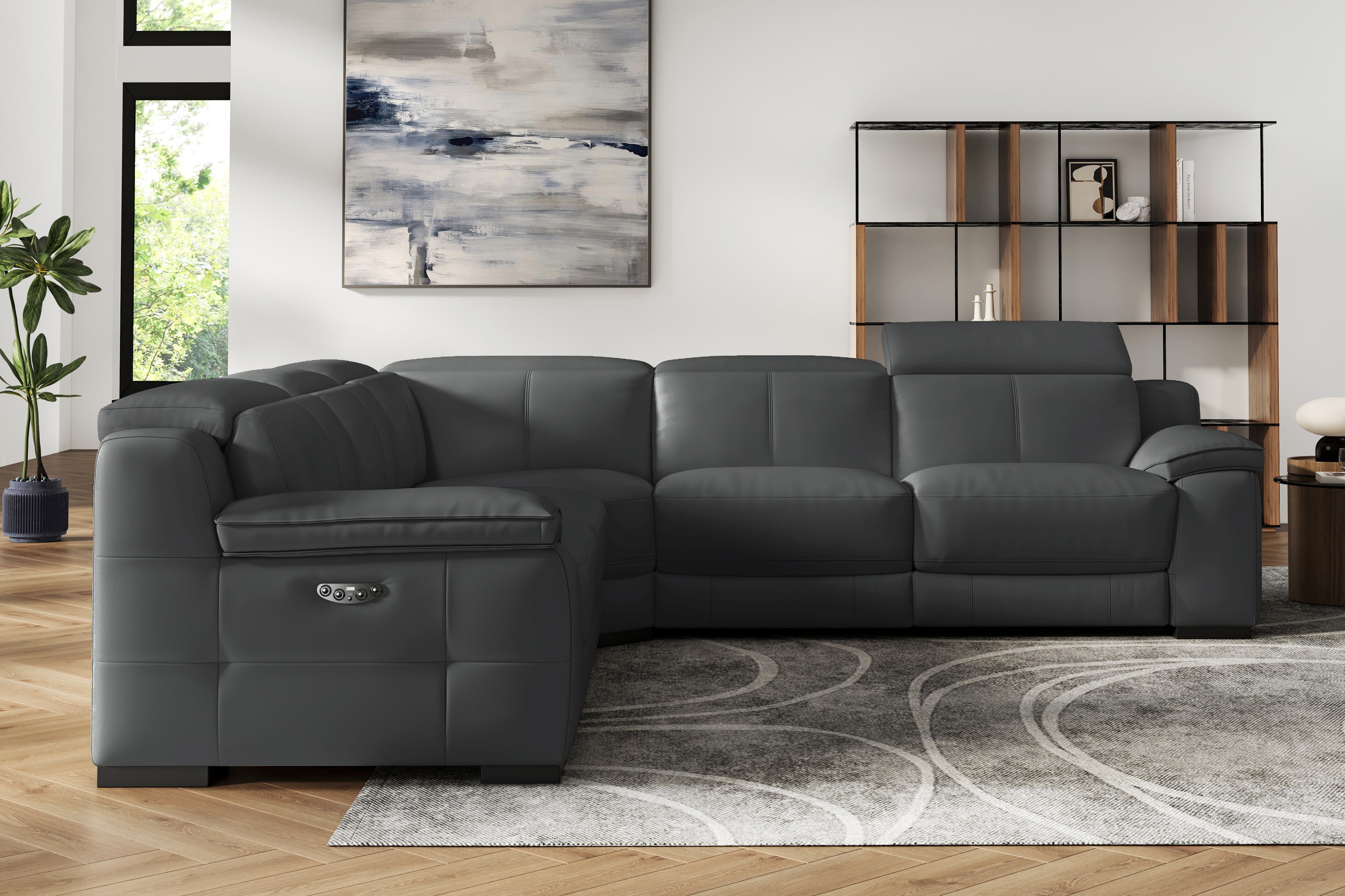 Valencia Ellie Top Grain Leather L-Shape Sofa, Charcoal Grey