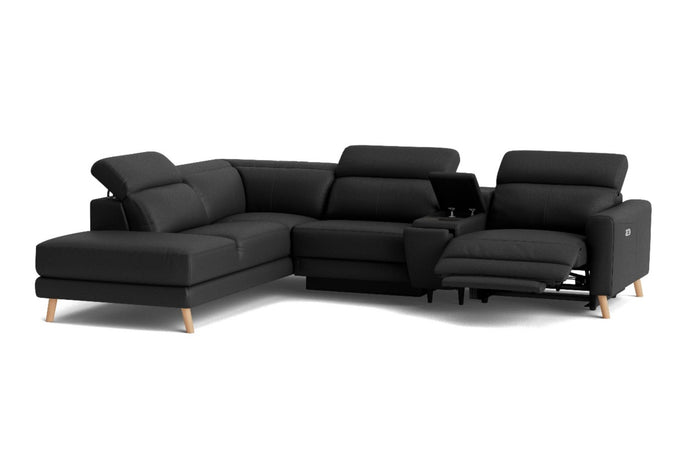 Valencia Elodie Top Grain Leather Sectional L-Shape with Console Sofa, Black