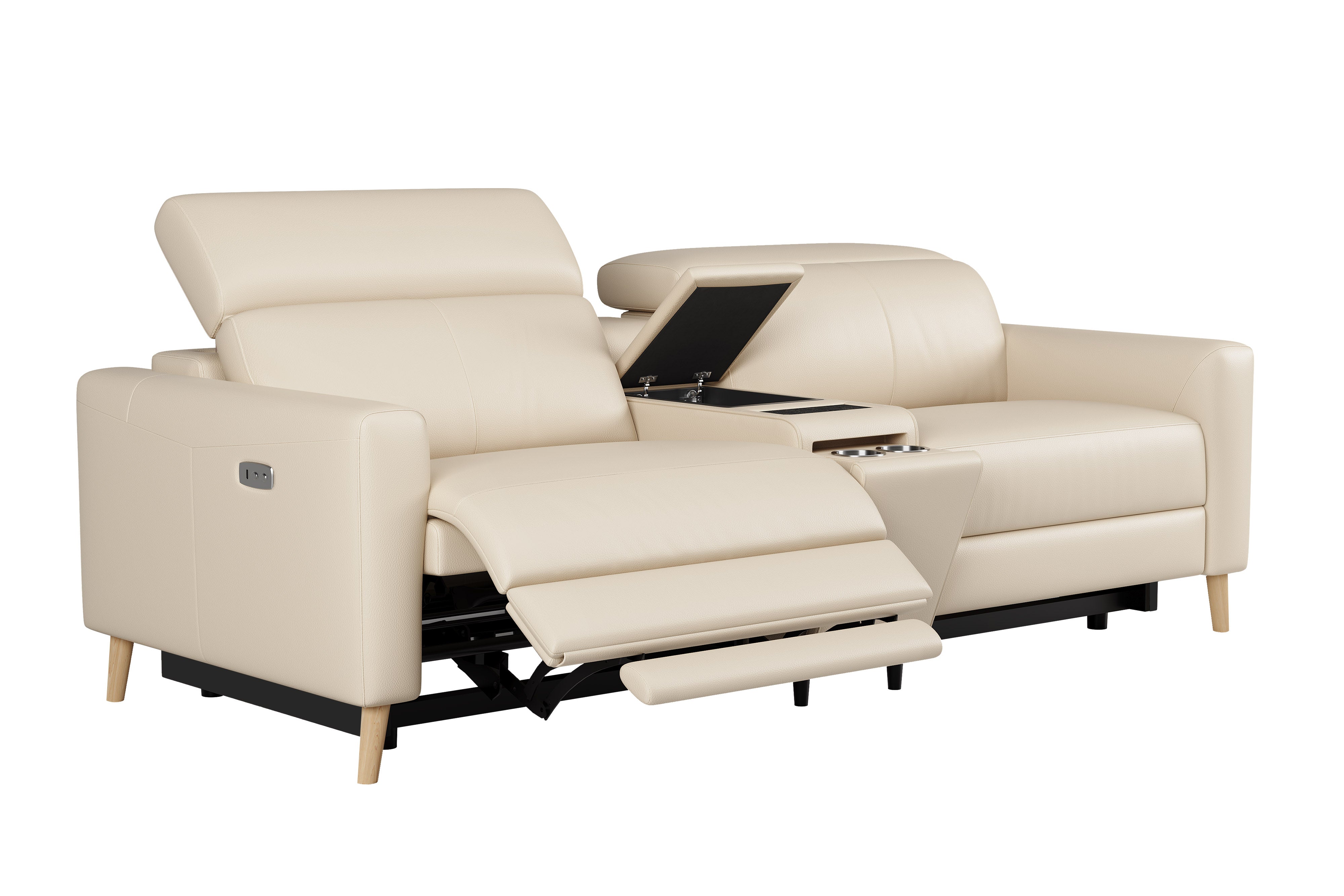 Valencia Elodie Top Grain Leather Loveseat with Console Sofa, Beige