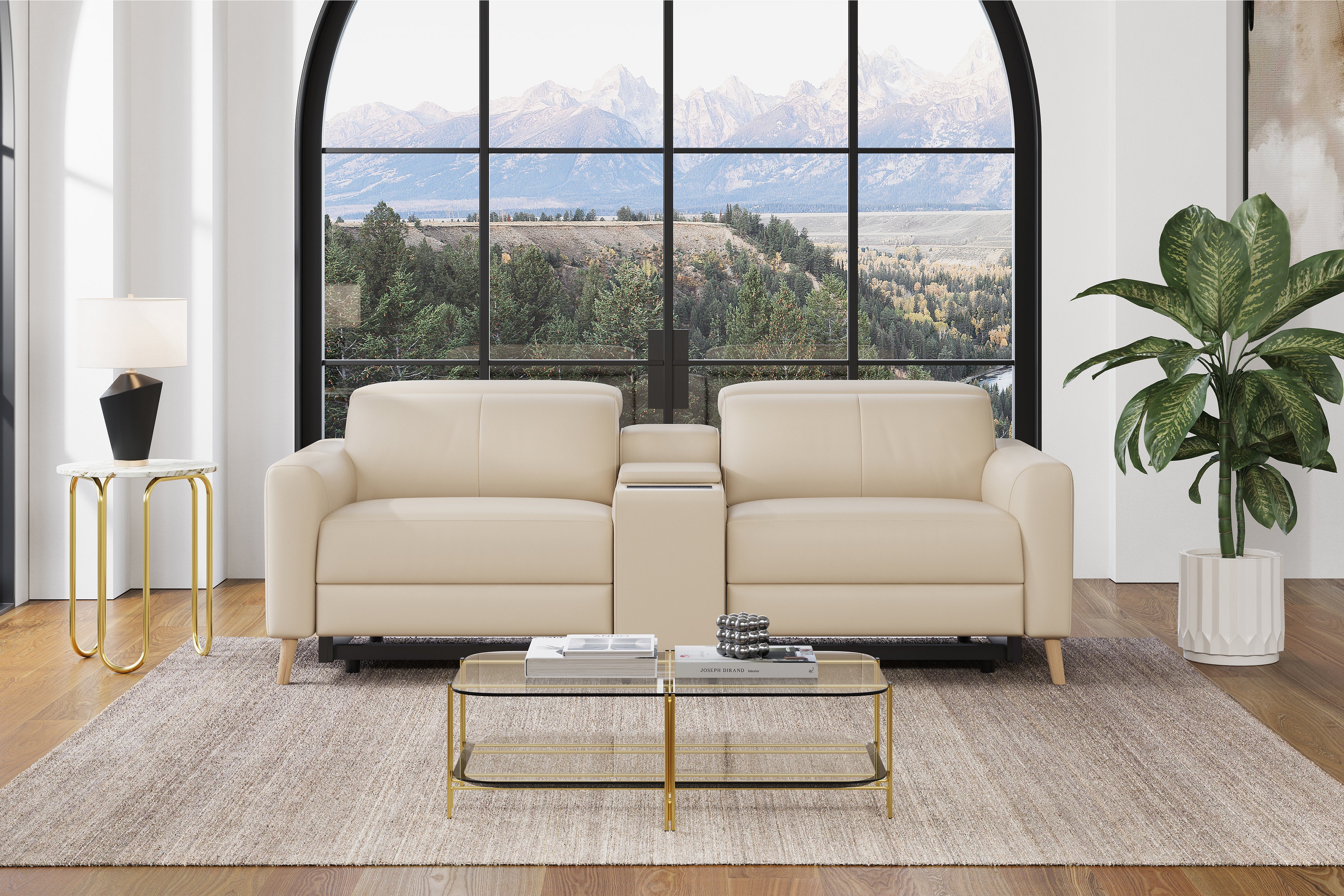 Valencia Elodie Top Grain Leather Loveseat with Console Sofa, Beige