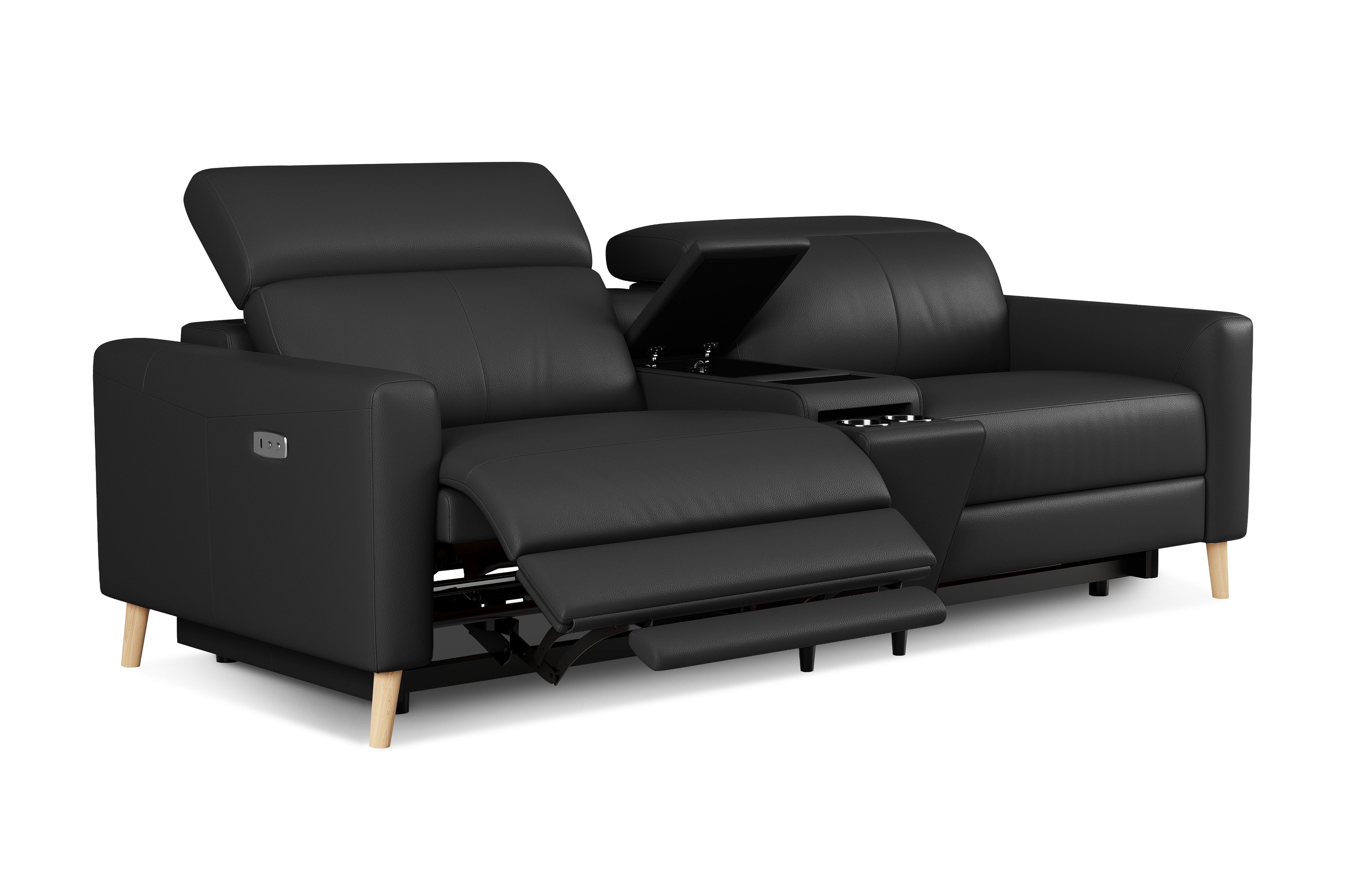 Valencia Elodie Top Grain Leather Loveseat with Console Sofa, Black