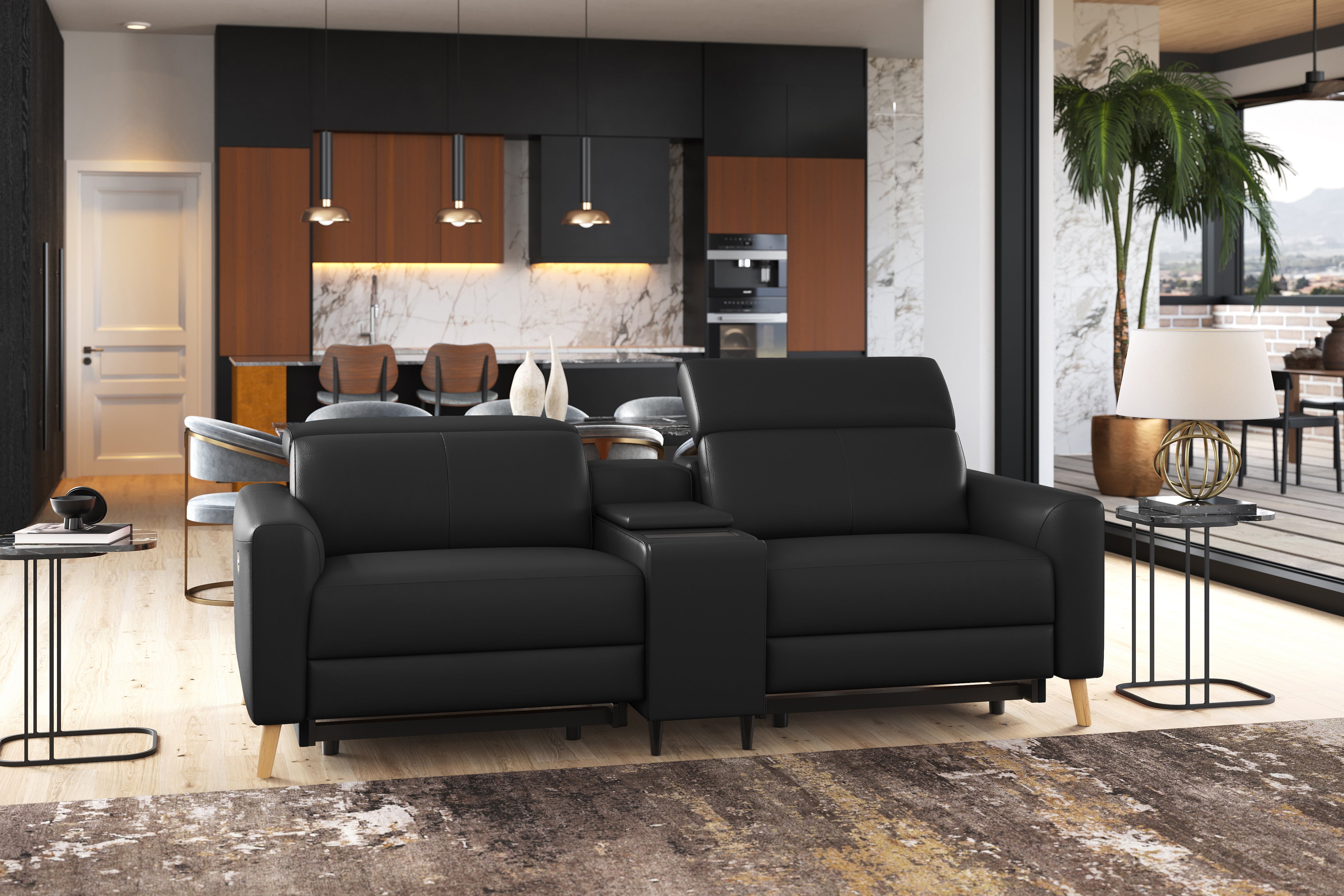 Valencia Elodie Top Grain Leather Loveseat with Console Sofa, Black