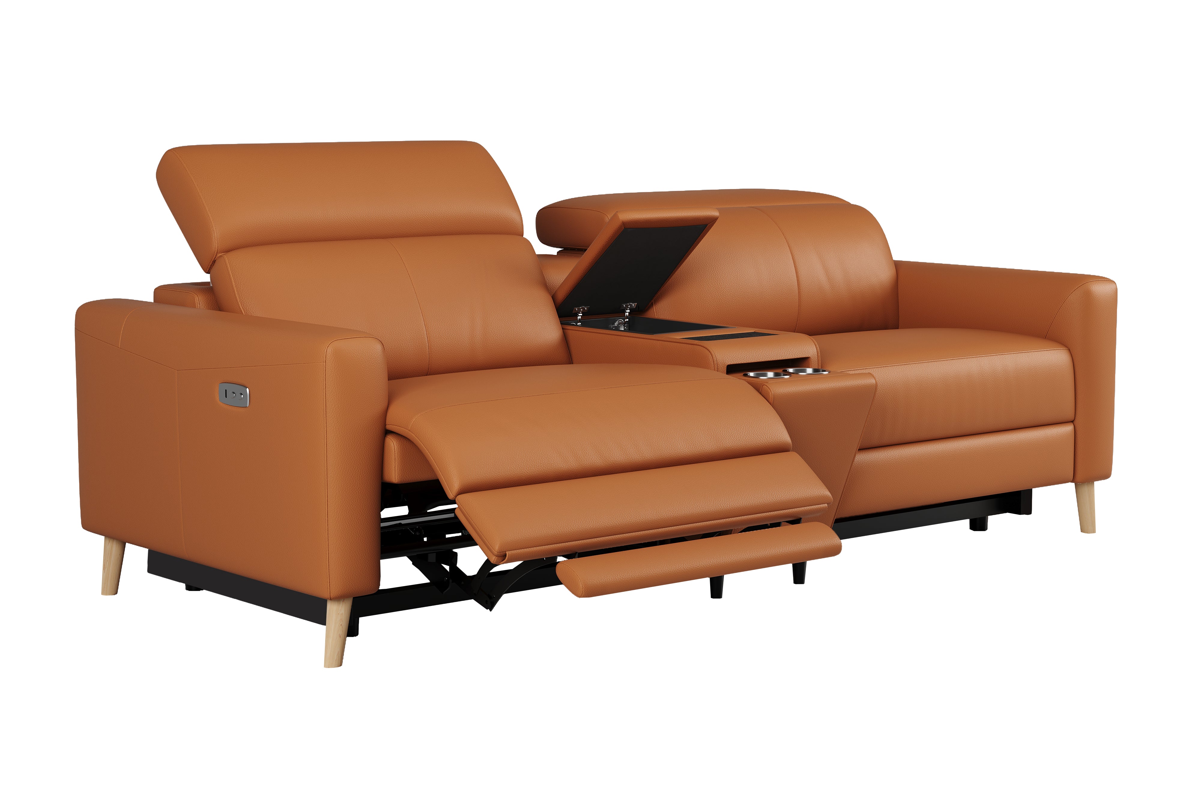 Valencia Elodie Top Grain Leather Loveseat with Console Sofa, Cognac