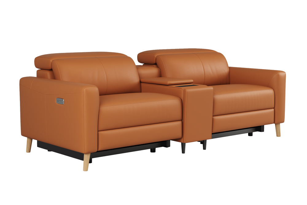 Valencia Elodie Top Grain Leather Loveseat with Console Sofa, Cognac