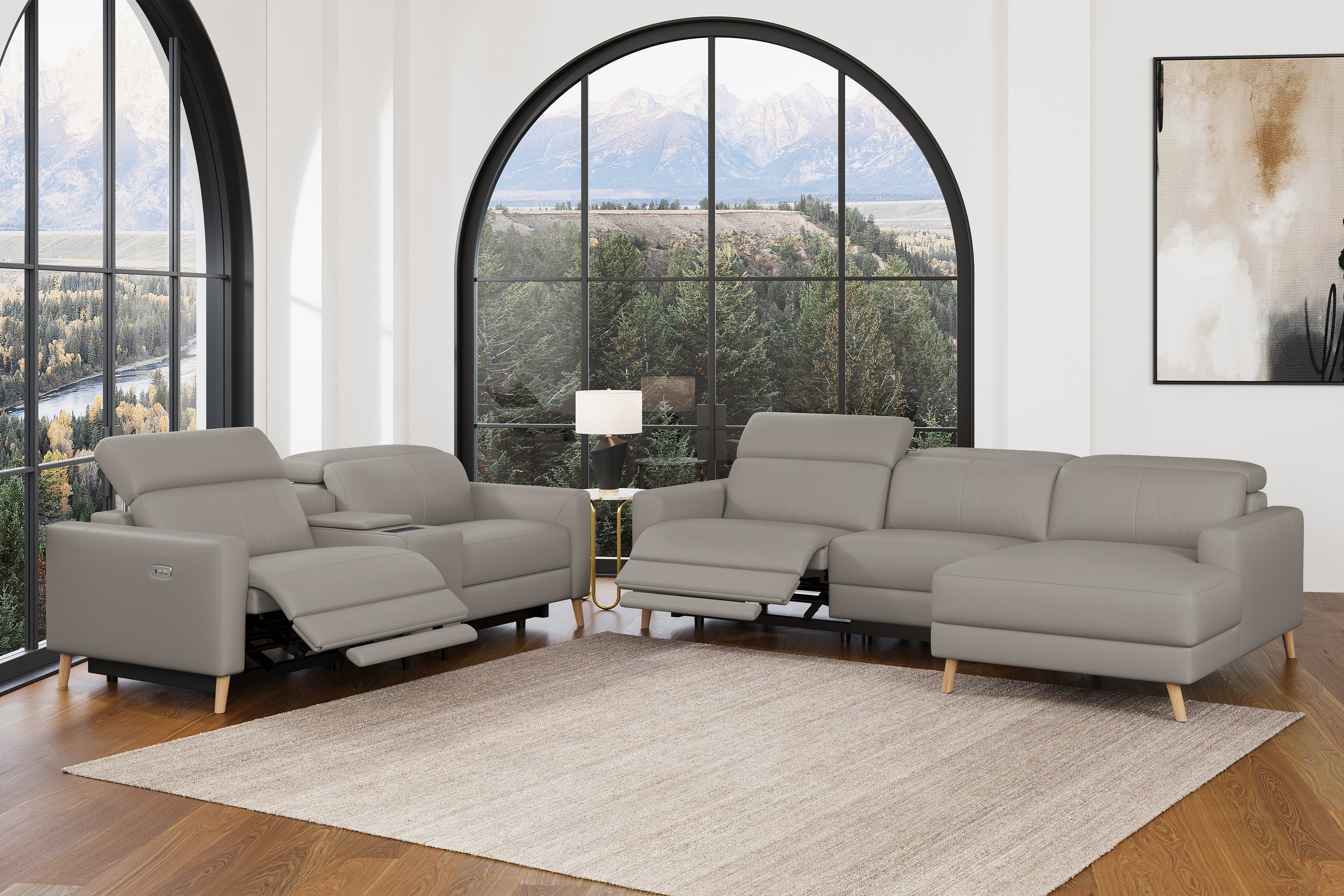 Valencia Elodie Top Grain Leather Loveseat with Console Sofa, Light Grey