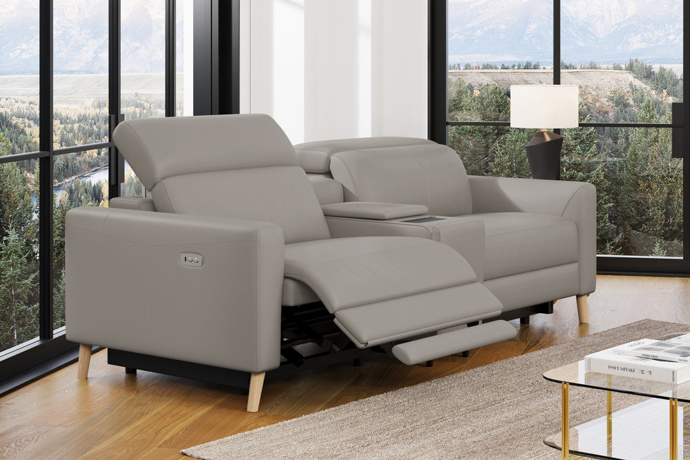 Valencia Elodie Top Grain Leather Loveseat with Console Sofa, Light Grey