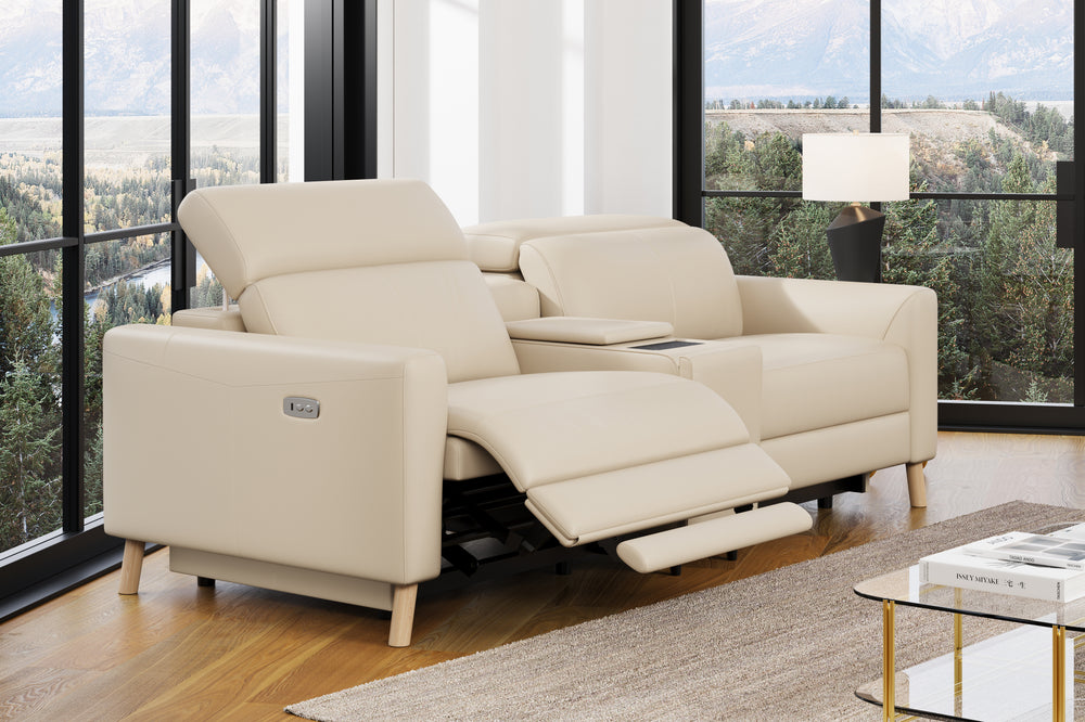 Valencia Elodie Top Grain Leather Loveseat with Console Sofa, Beige