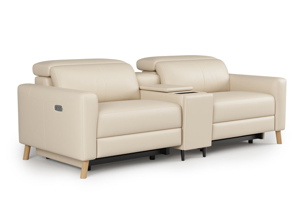 Valencia Elodie Top Grain Leather Loveseat with Console Sofa, Beige