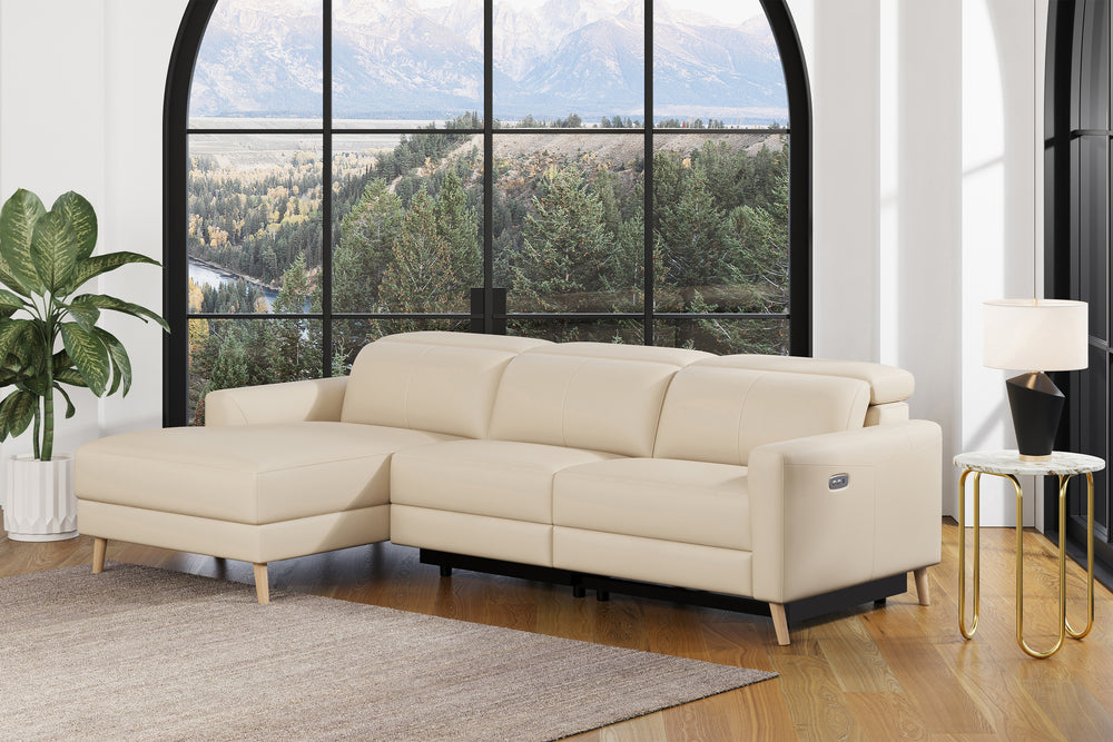 Valencia Elodie Top Grain Leather Sectional Sofa, Three Seats with Left Chaise, Beige