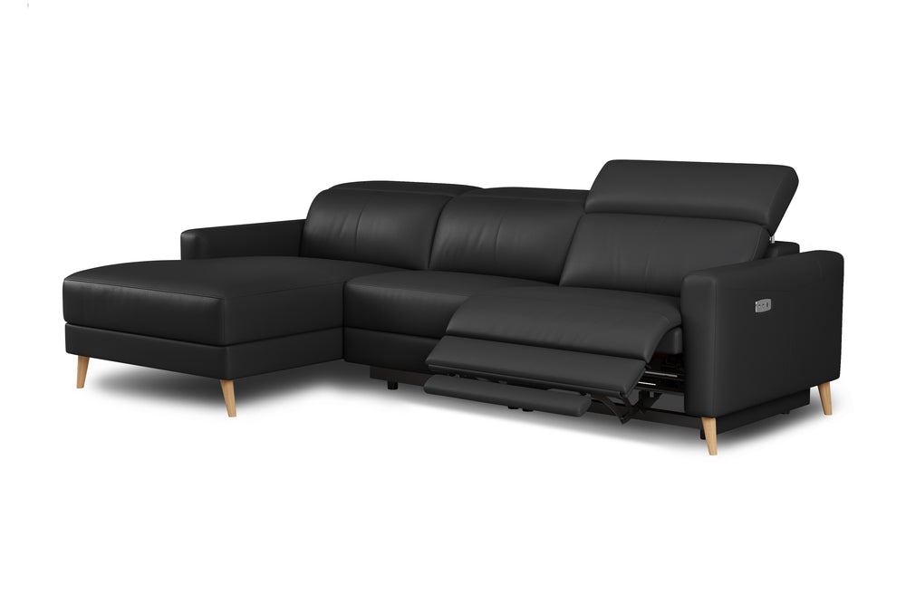 Valencia Elodie Top Grain Leather Sectional Sofa, Three Seats with Left Chaise, Black