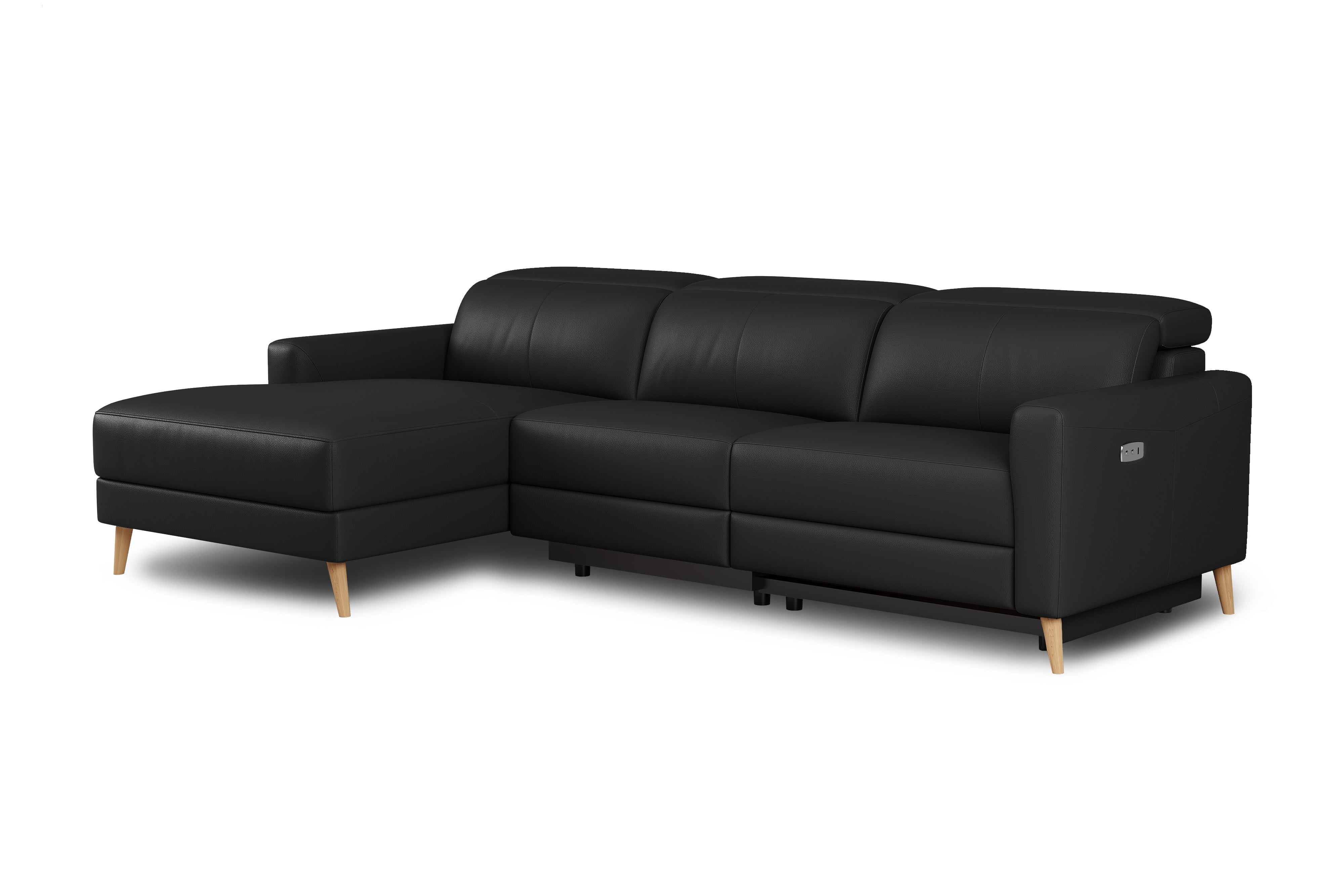 Valencia Elodie Top Grain Leather Sectional Sofa, Three Seats with Left Chaise, Black