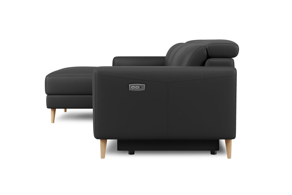 Valencia Elodie Top Grain Leather Sectional Sofa, Three Seats with Left Chaise, Black