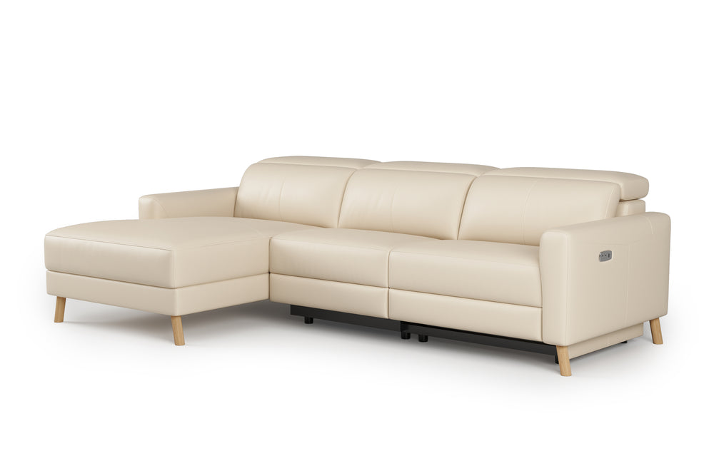 Valencia Elodie Top Grain Leather Sectional Sofa, Three Seats with Left Chaise, Beige
