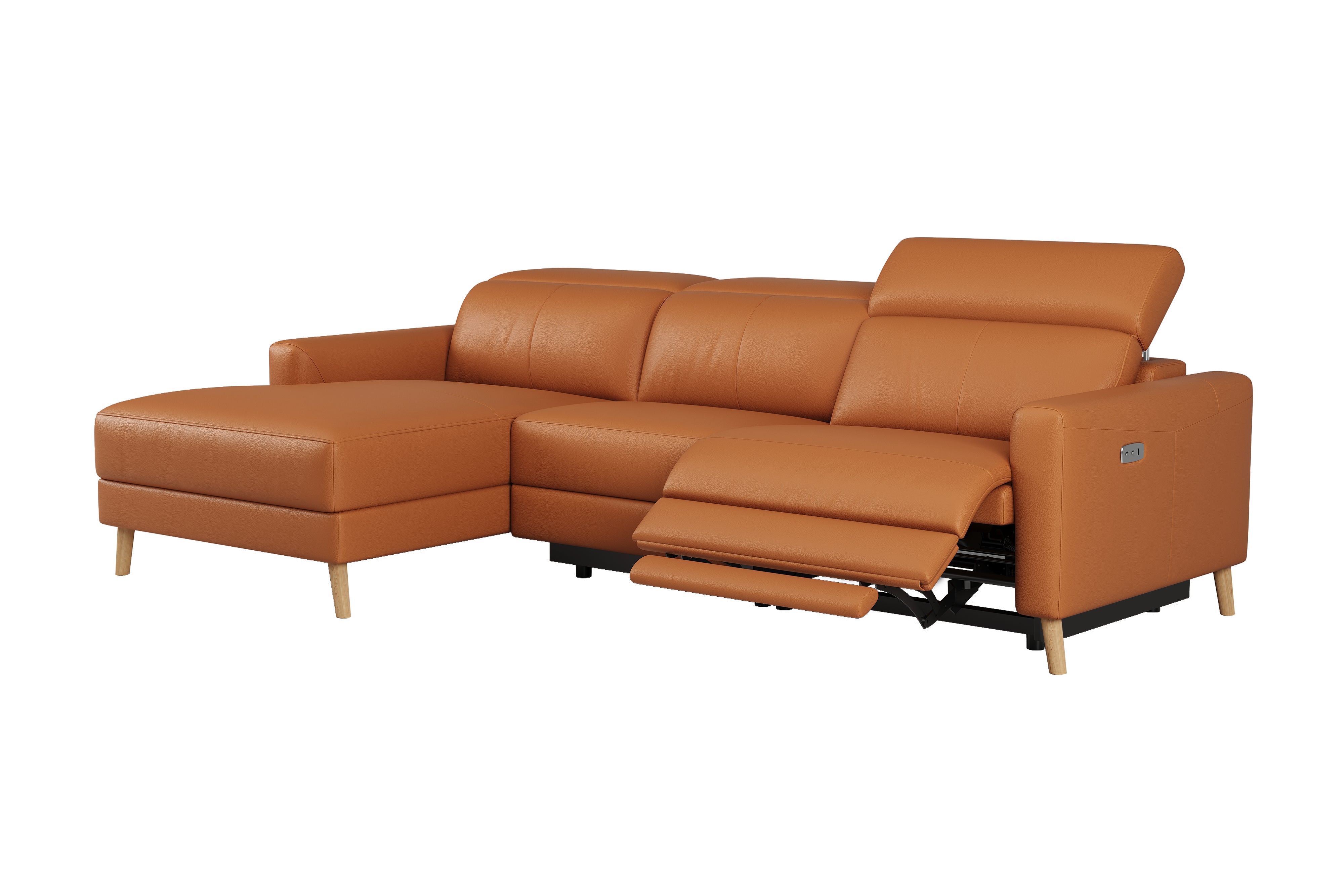 Valencia Elodie Top Grain Leather Sectional Sofa, Three Seats with Left Chaise, Cognac