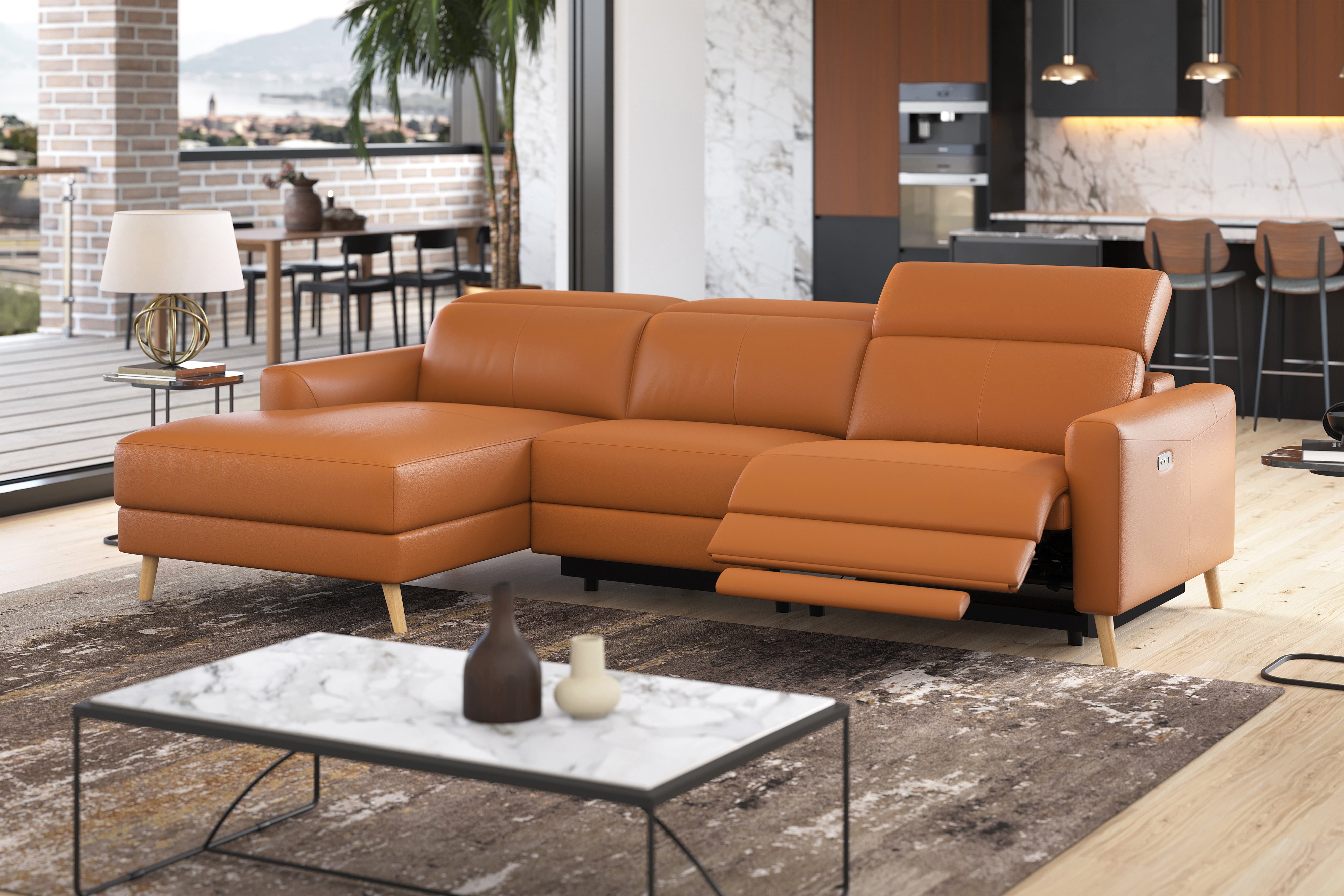 Valencia Elodie Top Grain Leather Sectional Sofa, Three Seats with Left Chaise, Cognac